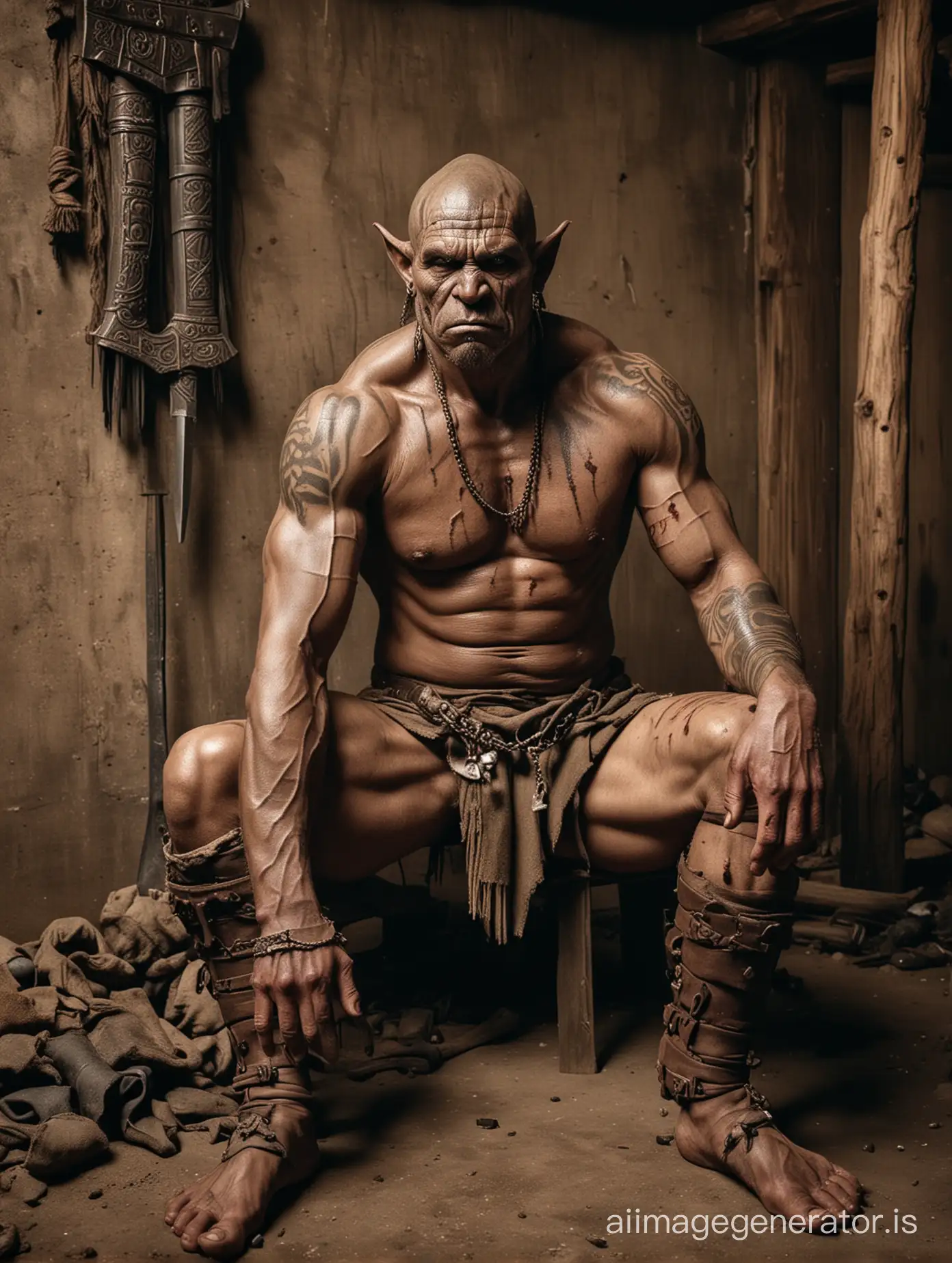 Contemplative-Naked-Orc-Chieftain-in-Gritty-Wooden-Hut
