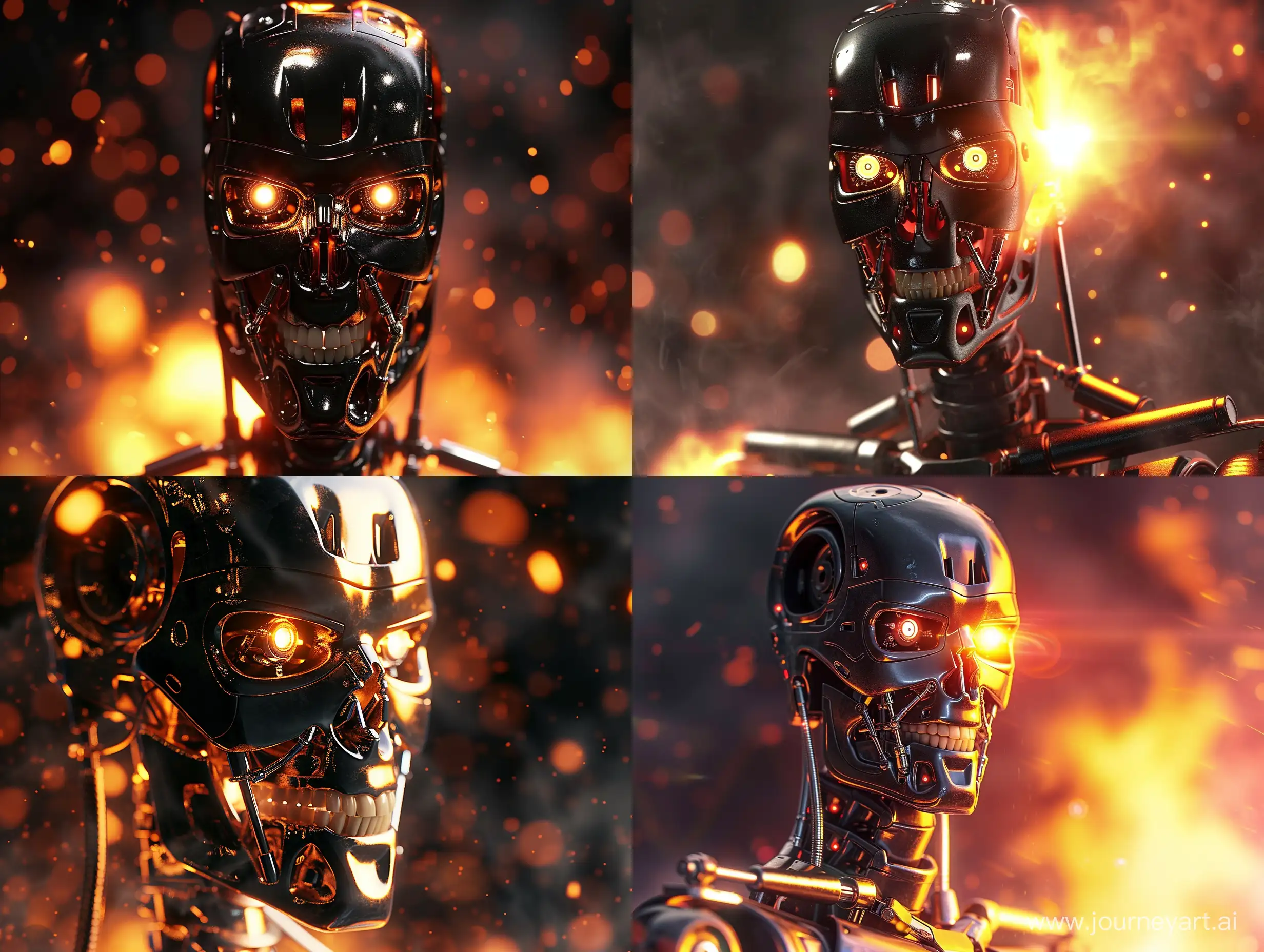 Робот терминатор из одноименного фильма , огонь, фотореализм, крупный план, блеск, отражения, дым, свет, темная тема