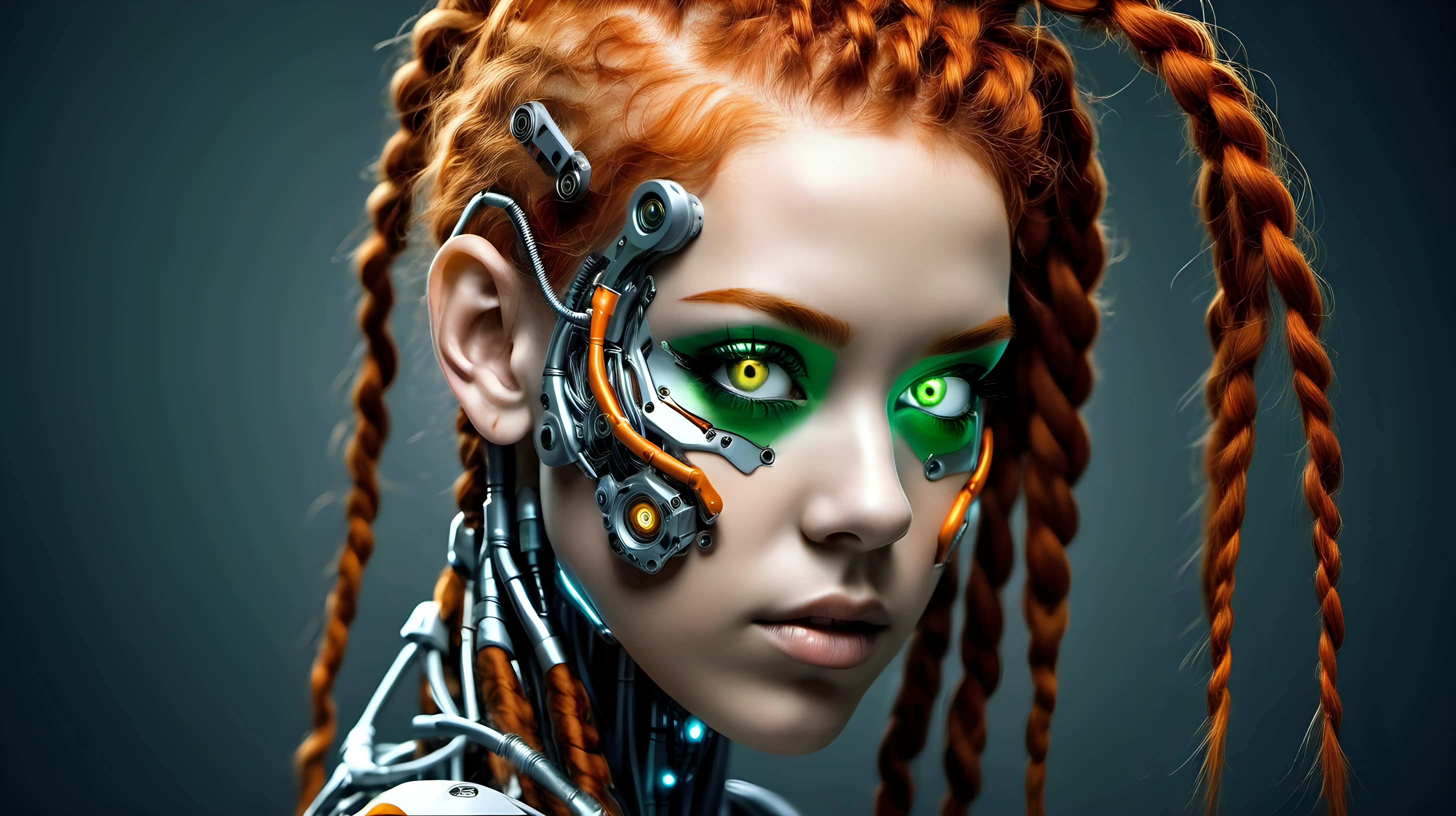 Cyborg woman, 18 years old. She has a cyborg face, but she is extremely beautiful. Orange wild hair, braids, green eyes. 
