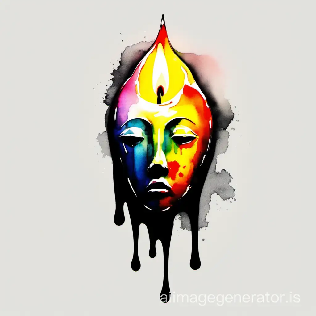 Abstract melting candle head with sad face, empty black background, sumi-e japanese watercolor, color splash style, multicolor palette