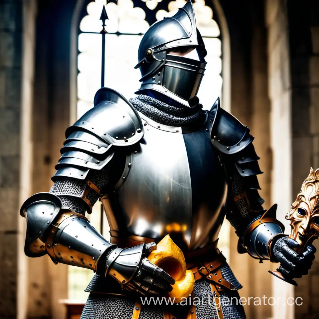 knight in plate armor worships idol