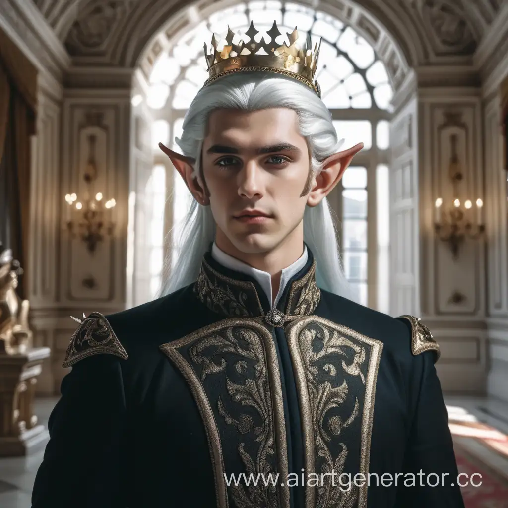 Мужчина эльф. Молодой парень. Белые волосы зачесаны назад. Одет в чёрный дворянский костюм. Корона на голове. Интерьер дворца на фоне.