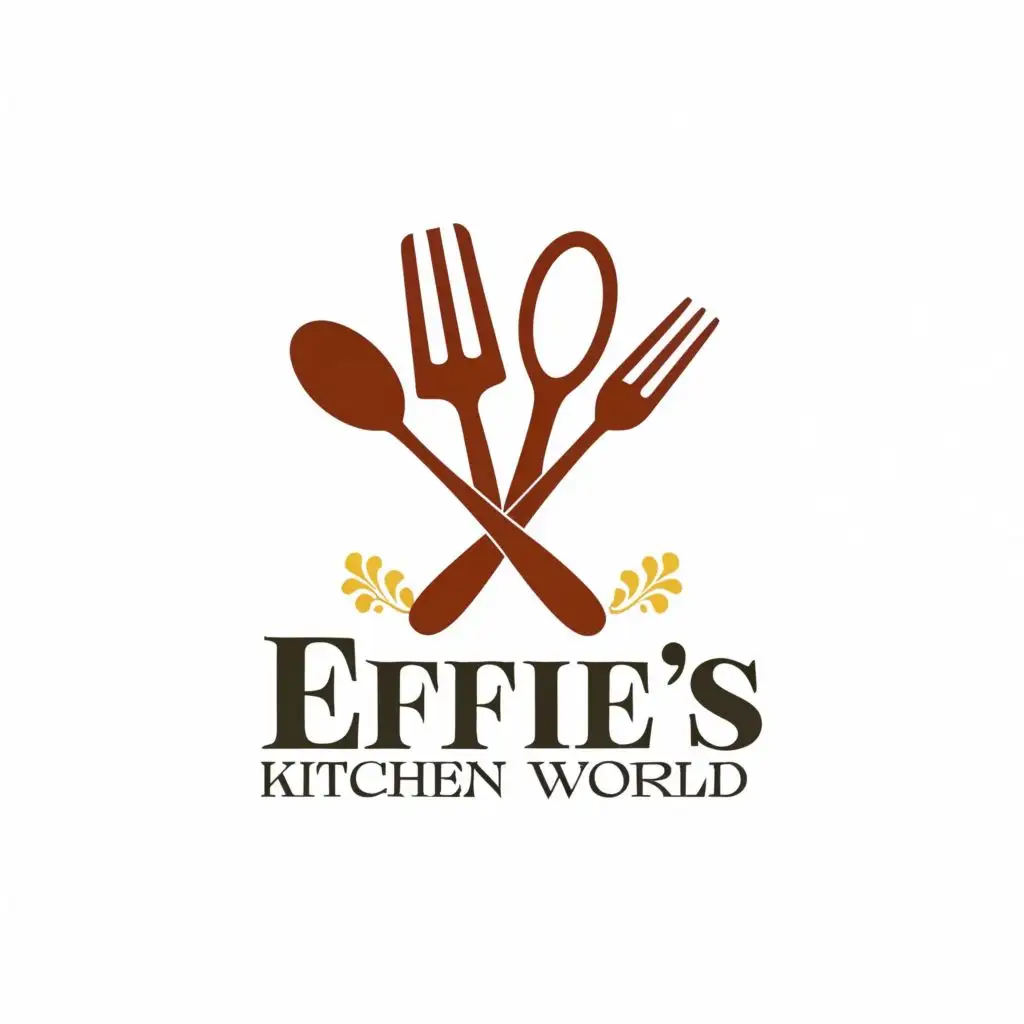 logo, Fork and spoon, with the text "Effie's Kitchen World", typography, be used in Internet industry