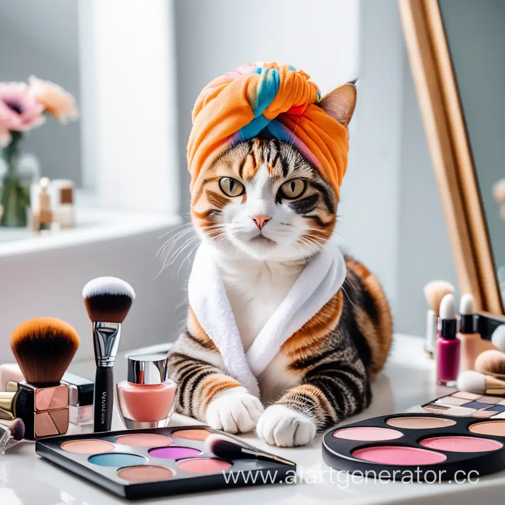Vibrant-Cat-on-Makeup-Table-with-Colorful-Palettes-and-Turban-Towel
