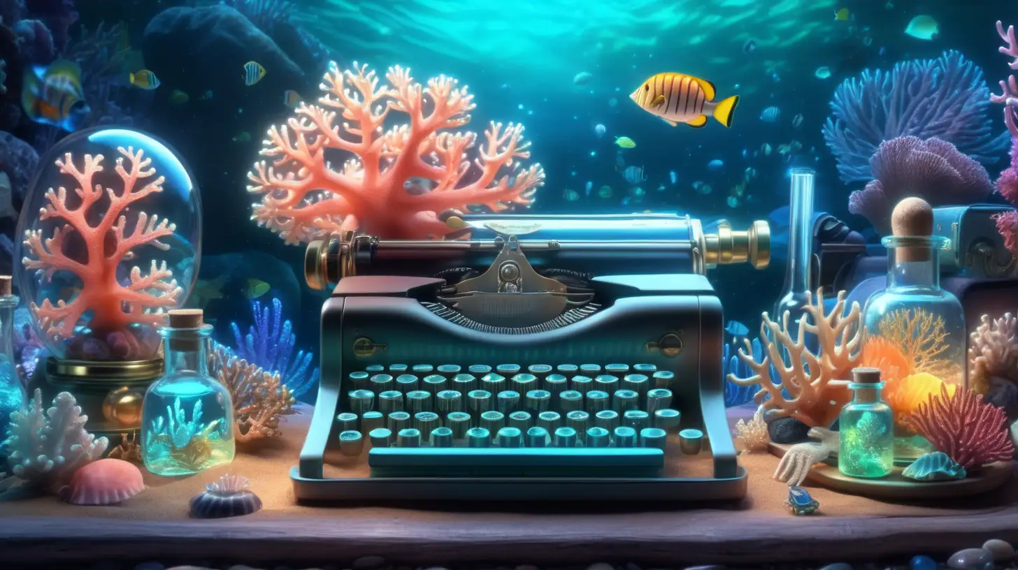 magical underwater, small treasure box of glowing mollusks, and fairytale typewriter, magical, glowing corals and inside bottles are iridescent coral, 8K.
