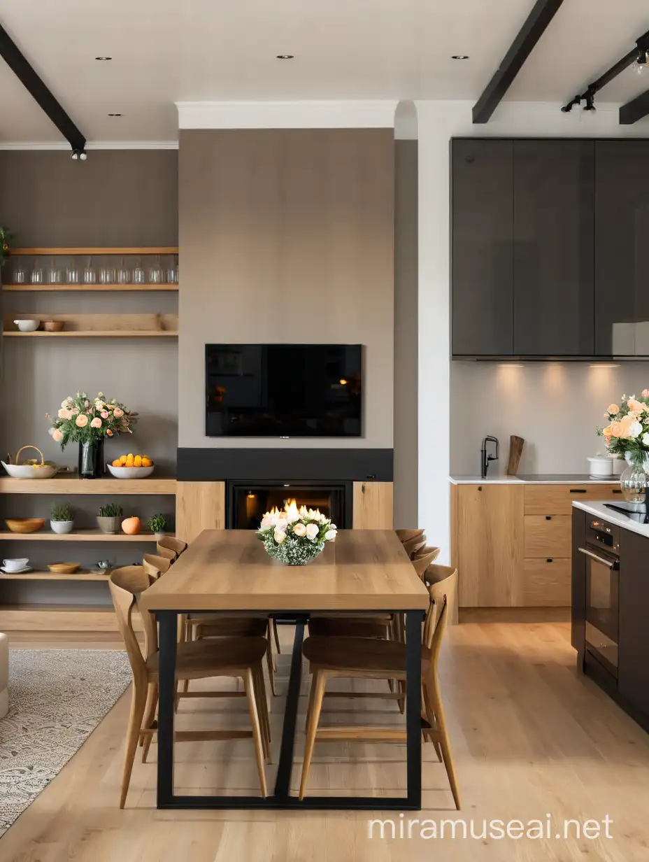 modern, elegant, soft, cozy, loft style kitchen, oak wood, white , peach flowers, fire place living room