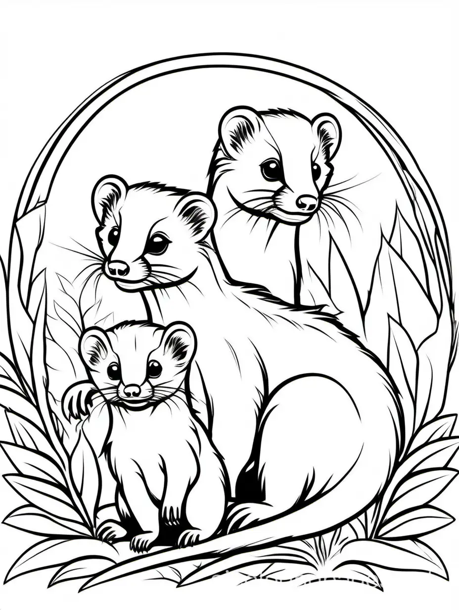 cute Ferret
 Foal and his son for kids, Coloring Page, black and white, line art, white background, Simplicity, Ample White Space. The background of the coloring page is plain white to make it easy for young children to color within the lines. The outlines of all the subjects are easy to distinguish, making it simple for kids to color without too much difficulty