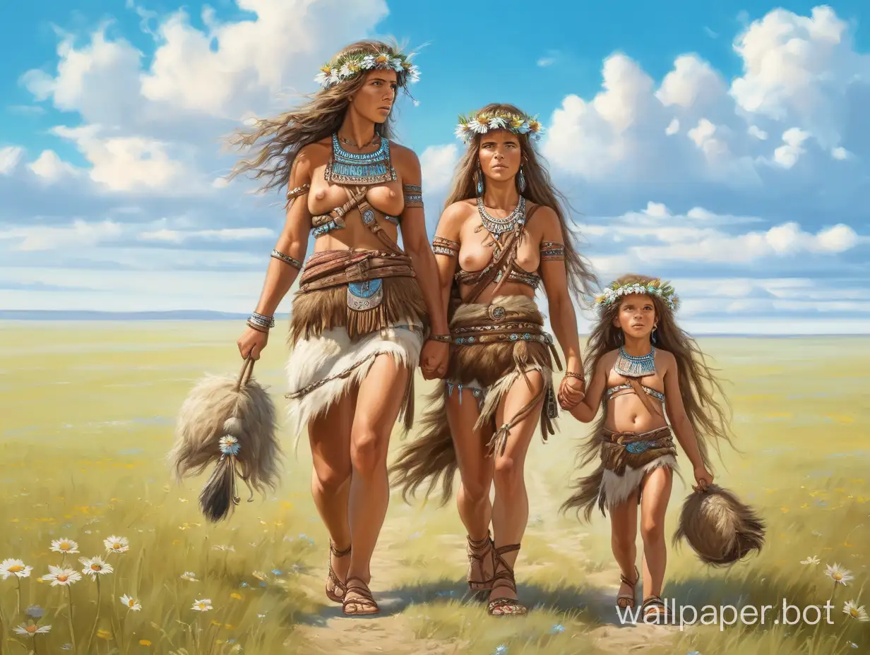 европейцы мать и дочь в полный рост варвары из племени идут по цветущей степи под летним небом