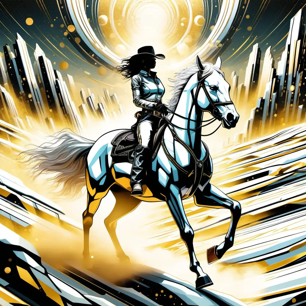 Futuristic Female Cowboy Riding White Horse in Thriving Black and Gold Landscape