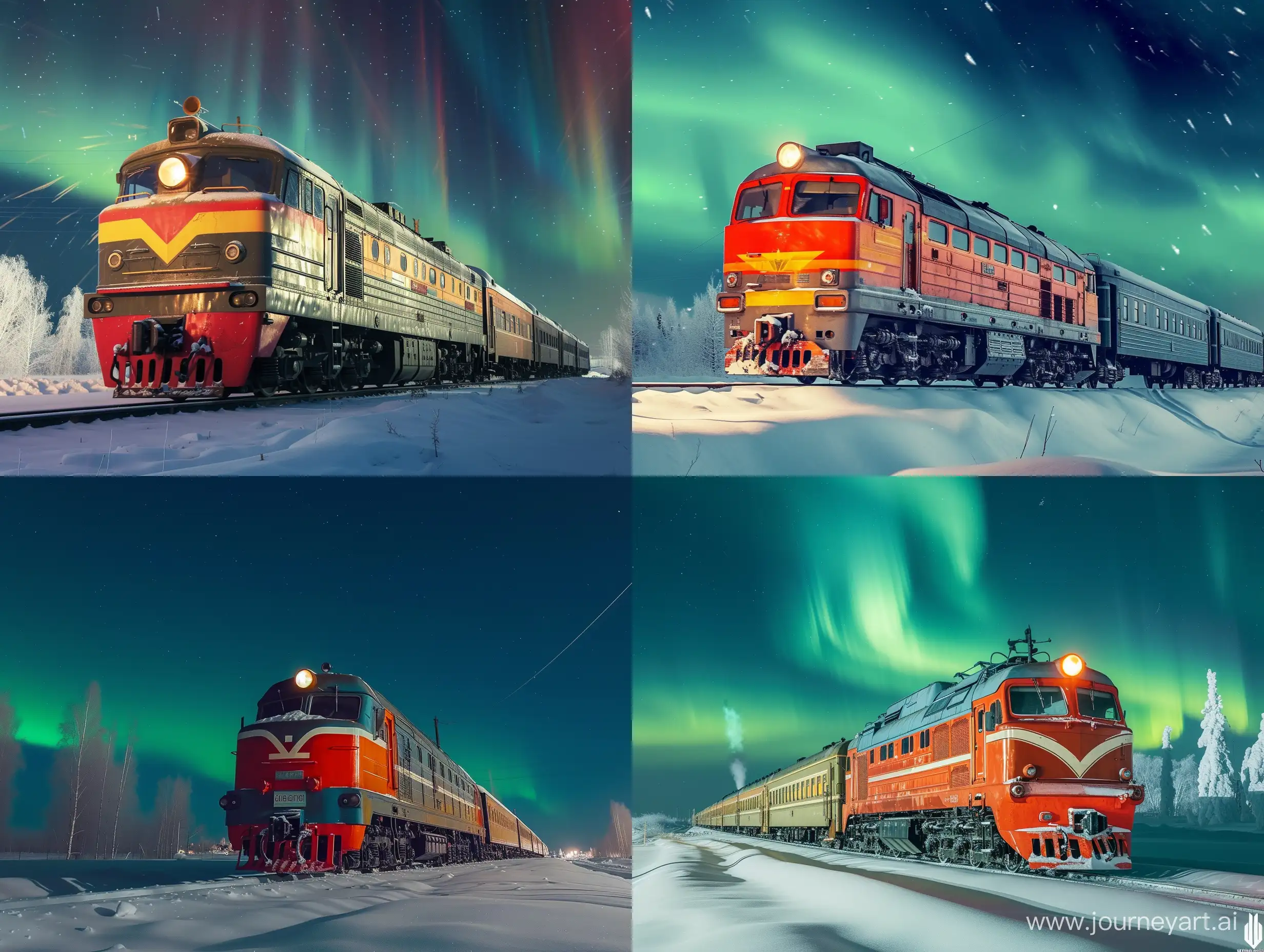 Russian diesel locomotive, new, in winter, beautiful in the snow, northern lights