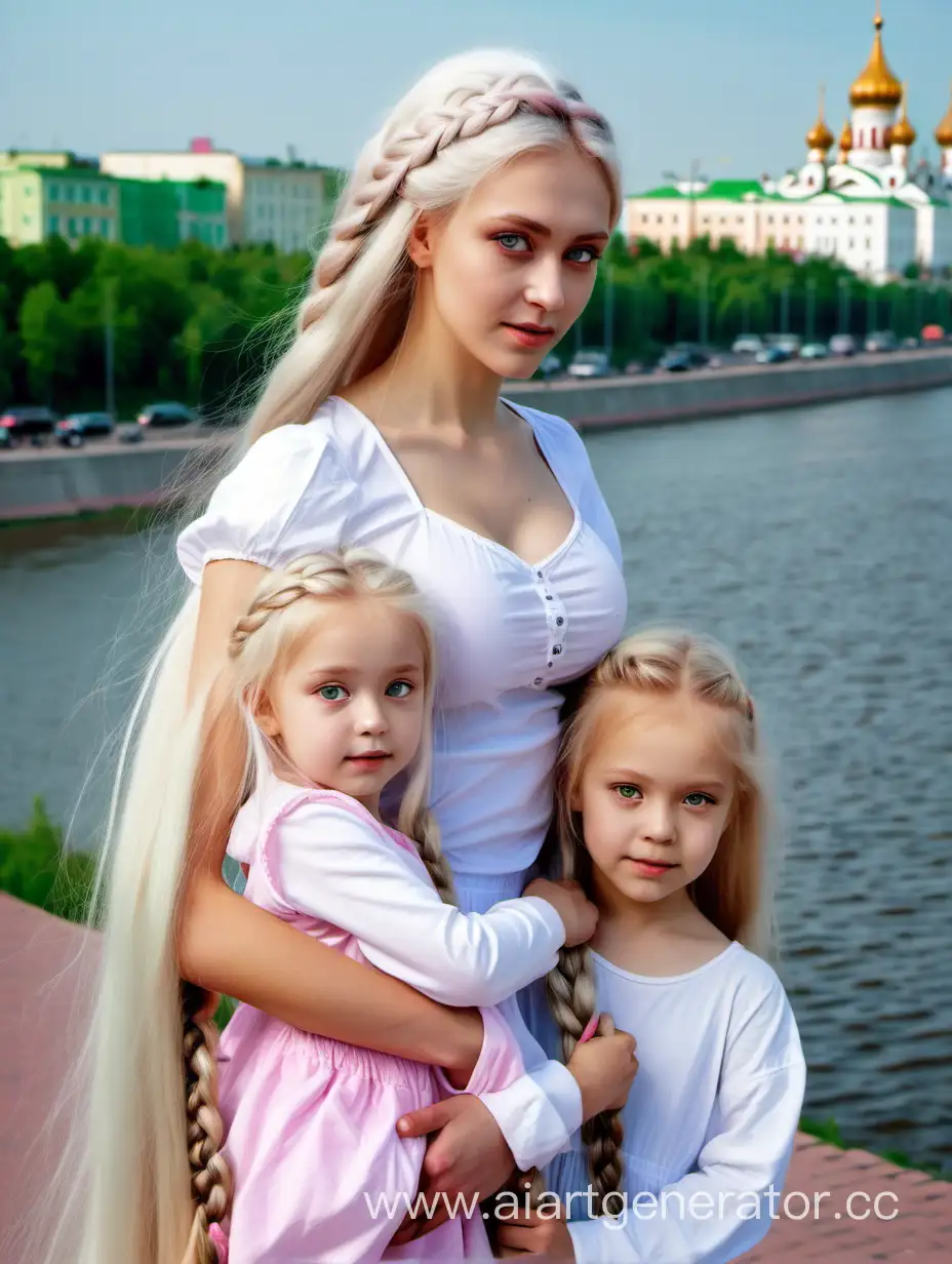Очень сексуальная русская девушка бландина с длинными белыми волосами с Зелëными глазами с прической длинный косы стоит с маленькой дочкой с длинными розовыми волосами и прической длинный косы гуляют по набережной Нижнего Новгорода