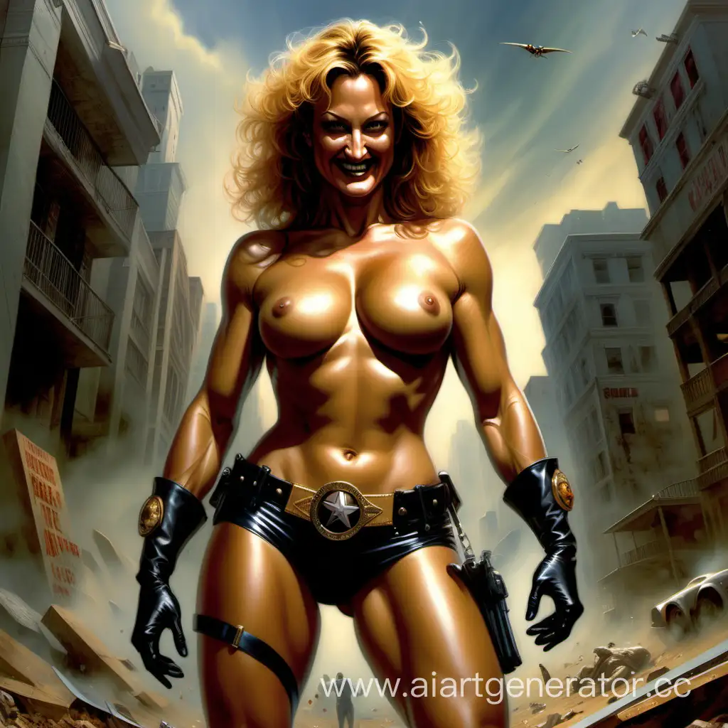 full body artwork of zoe bell as a very powerful super heroin, her face reflects self confidence, provocative laugh, art by boris vallejo and julie bell