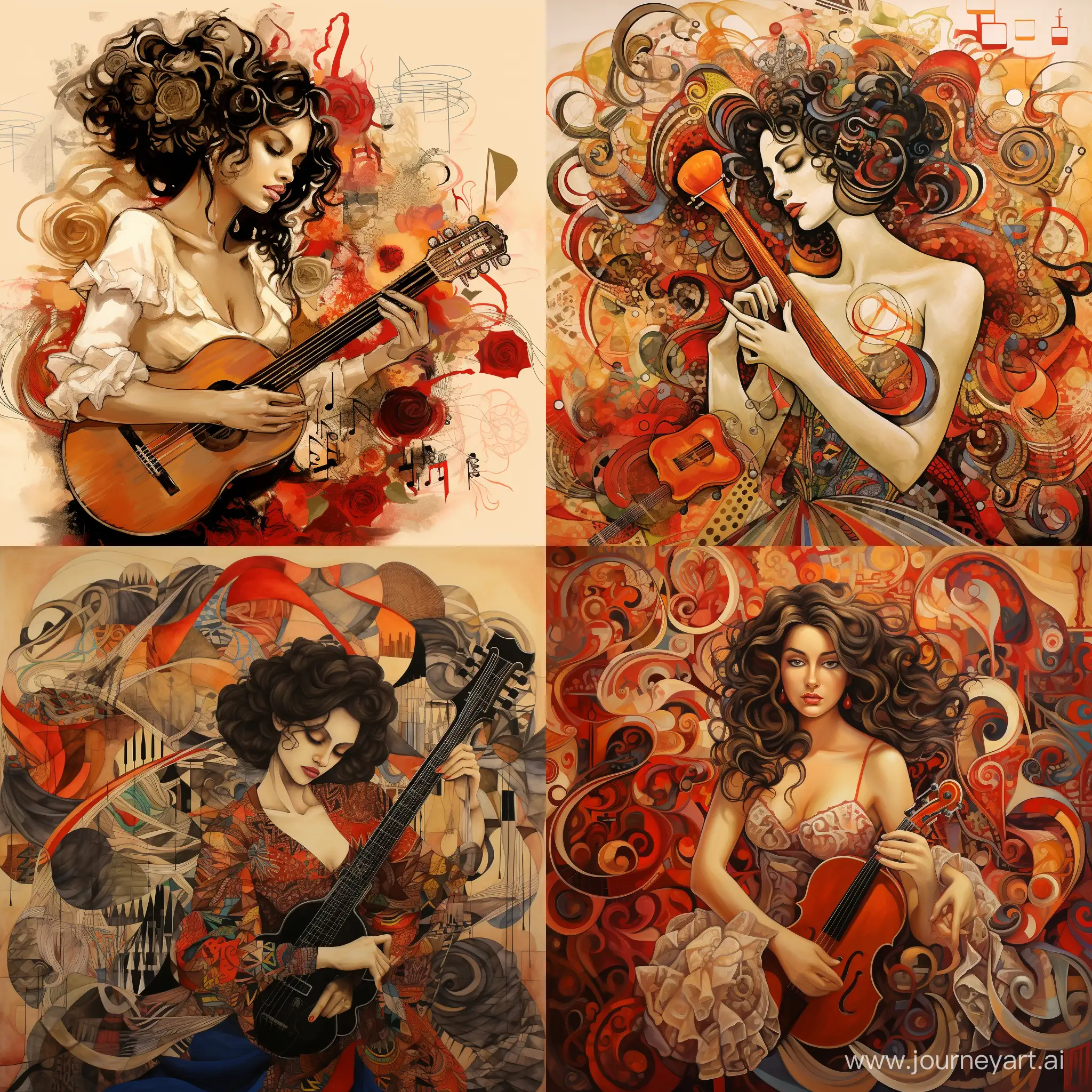 drawing of Spanish dancer woman and musical instruments like flute, french horn, violin as a background