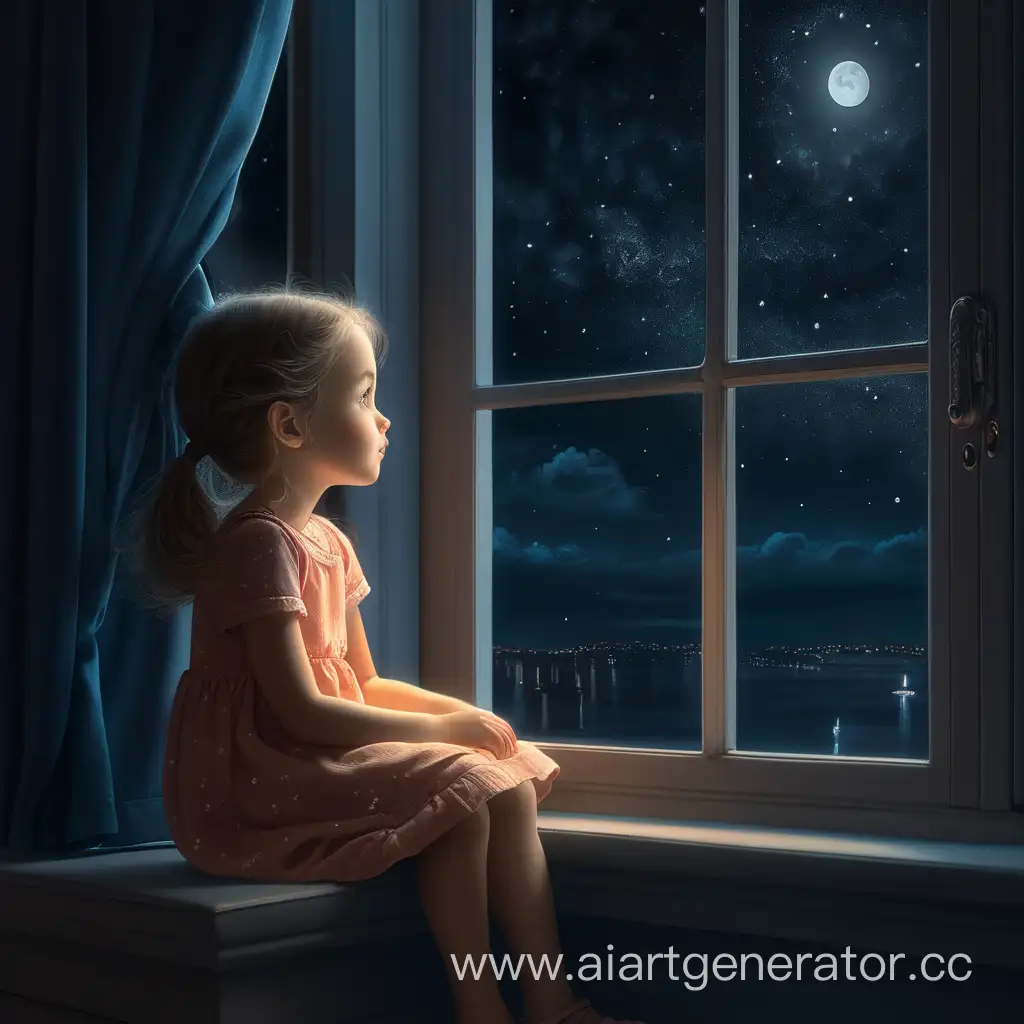 Маленькая девочка сидит ночью у окна и мечтает вид сбоку