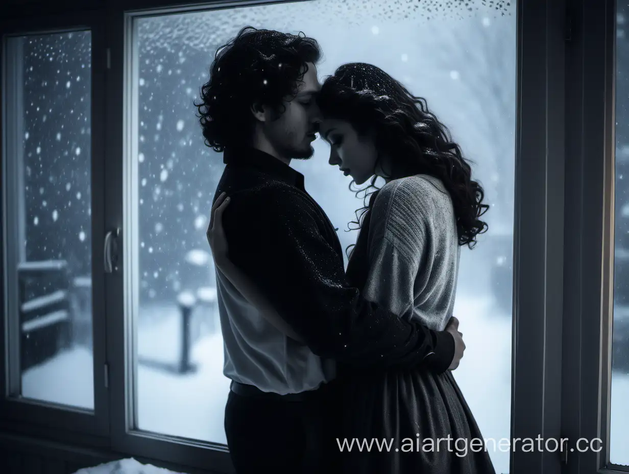 Romantic-Couple-Embracing-by-Window-Watching-Snowfall-at-Night