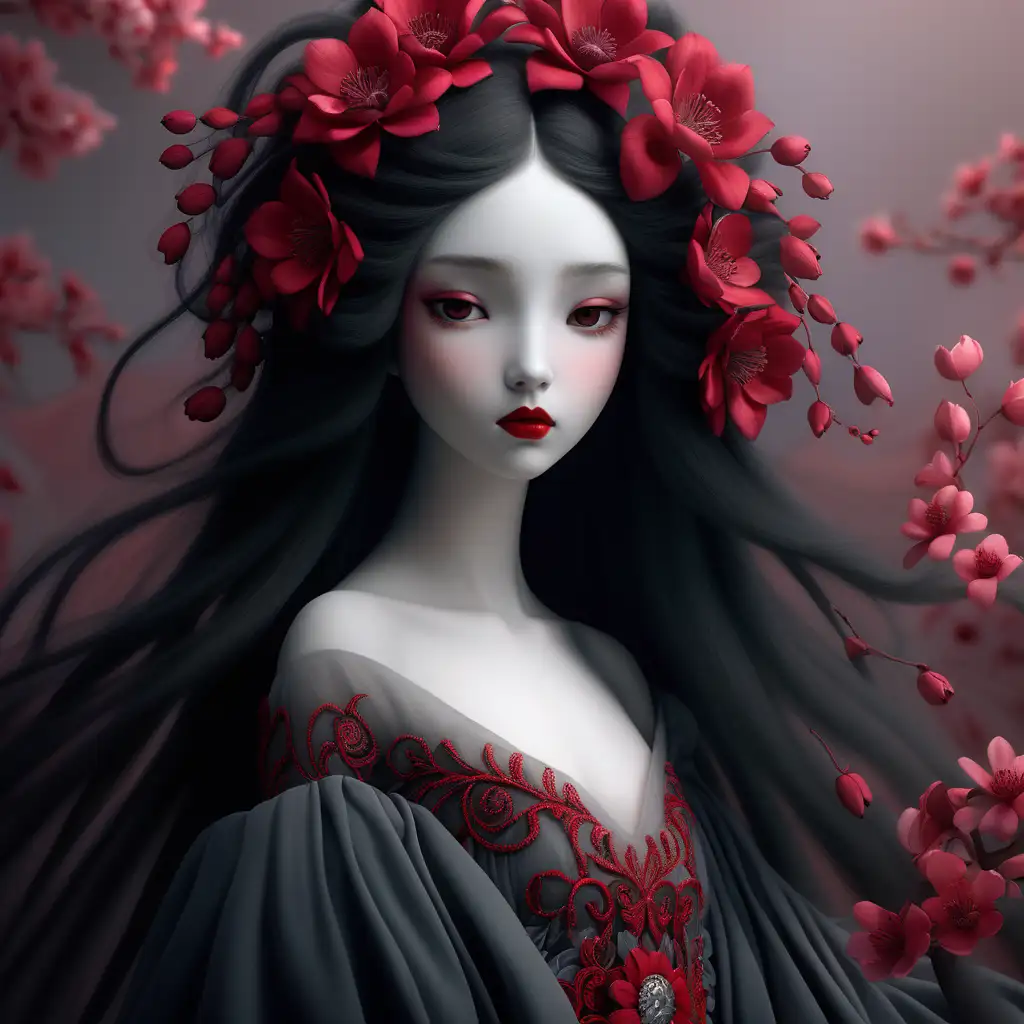 Surreal Porcelain Woman with Red Blossoms in Voile Dress