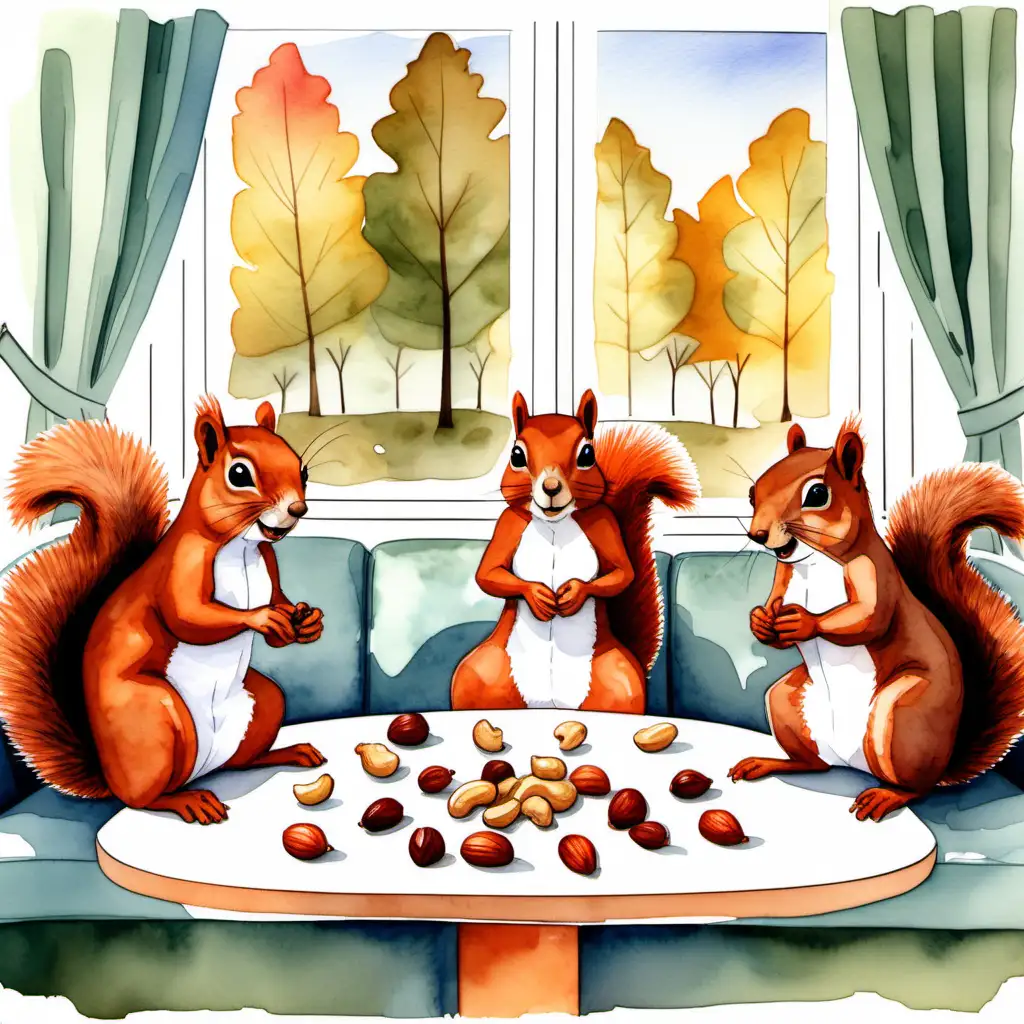 Four squirrels sit on a couch in a living room and eat nuts. The is a conference table with nuts. Behind a window there is a forrest. sWatercolour style, warm colours. Make it appealing to a three year old