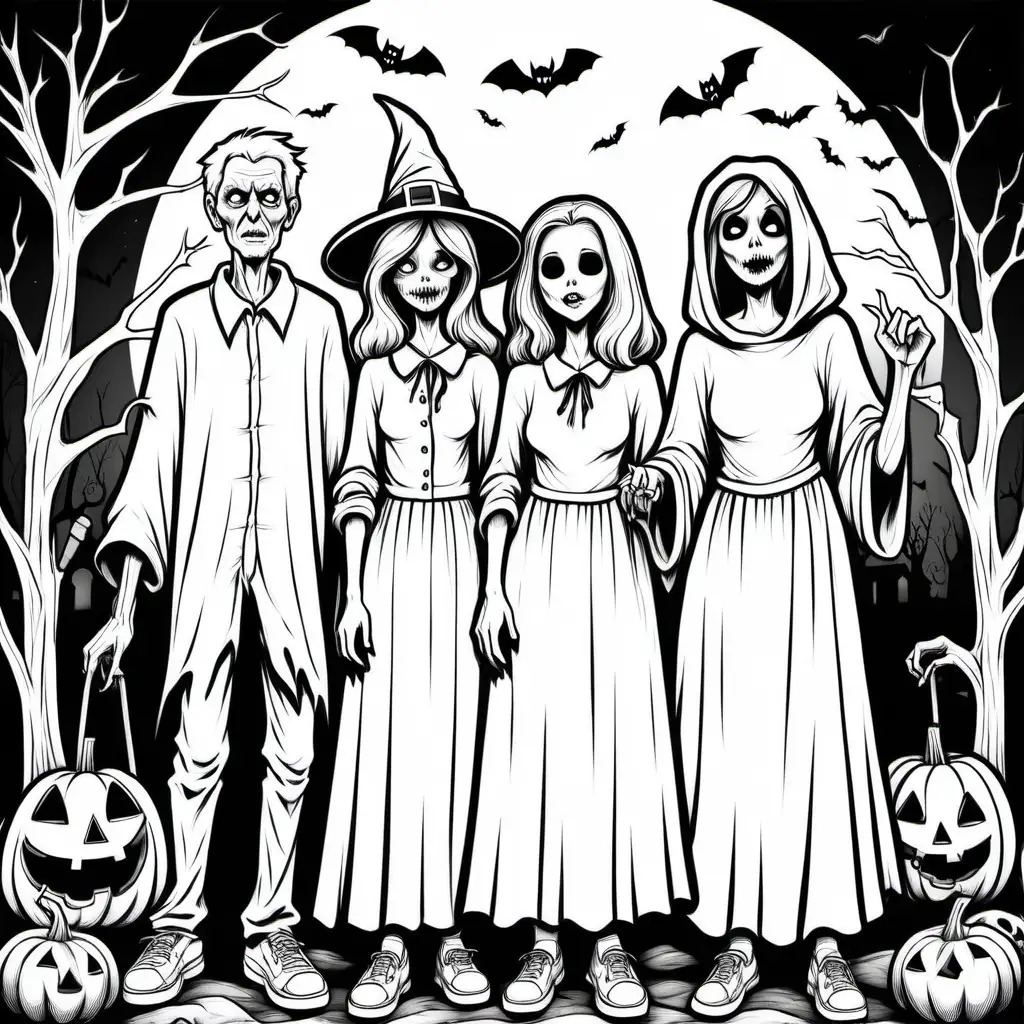 a simple black and white coloring book image of spooky older teenagers at halloween, for coloring