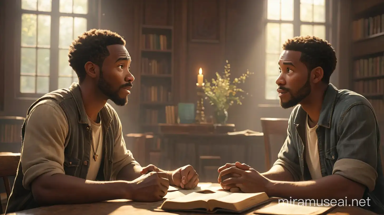 Two African-American men sit across from each other in a brightly lit private room at the library. Each holds a weathered Bible, their fingers tracing the words as they engage in animated discussion. Sunlight filters through the window, illuminating dust motes dancing in the air. The atmosphere is hushed, save for the rhythmic flip of pages and the occasional murmur of agreement or debate. In this tranquil space, their shared exploration of faith and scripture binds them together in a bond of camaraderie and intellectual exchange.
Illumination, Disney-Pixar style illustration, 3-D animation, 4K
