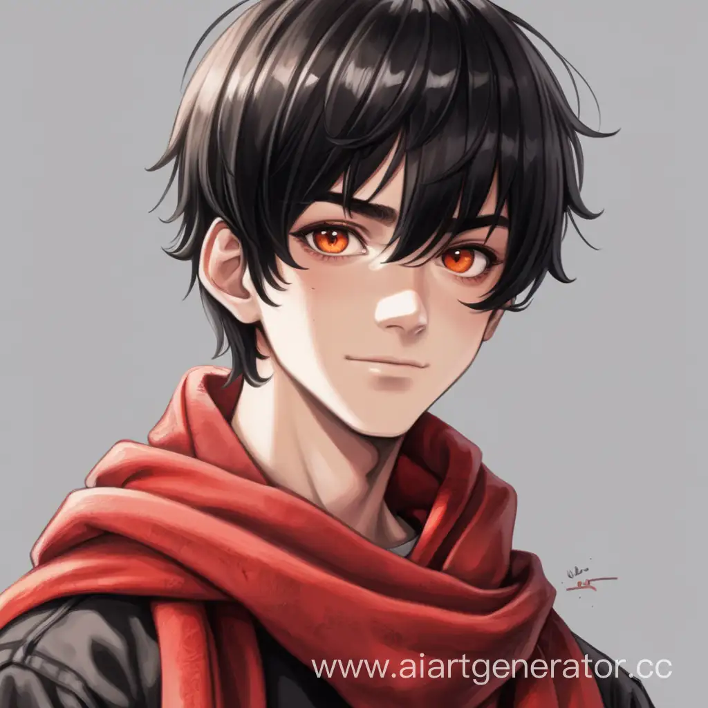 Мальчик 18 лет, оранжевые глаза, черный цвет волос, короткая стрижка, счастливый, одет в красную одежду с чёрной футболкой и красным потрёпанным шарфом, высокий