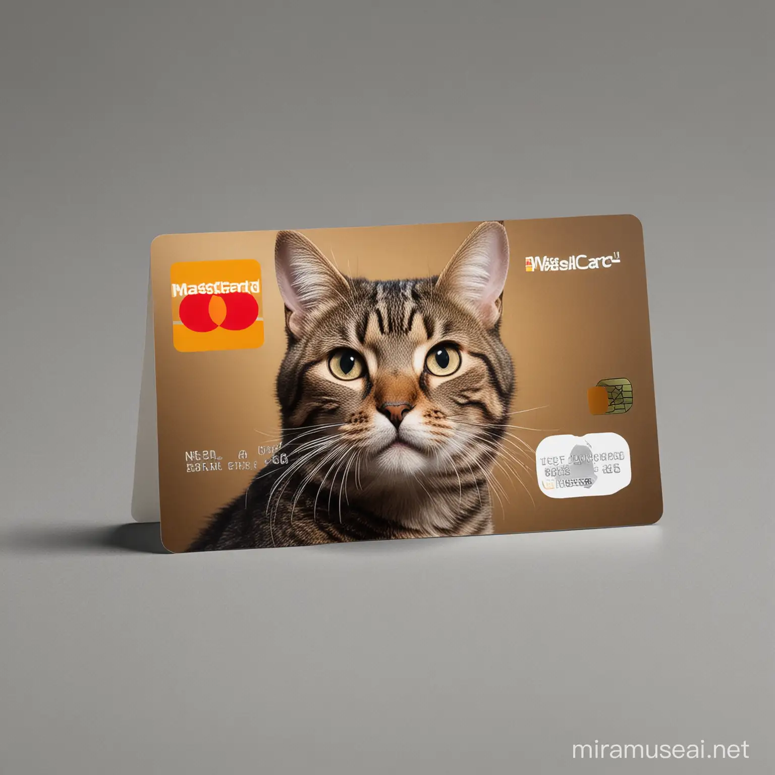 credit card, use a real card, with a real cat, put the cat on the card, and include tings to make the card look real, like use credit cat for the name on the card, and include mastercard logo