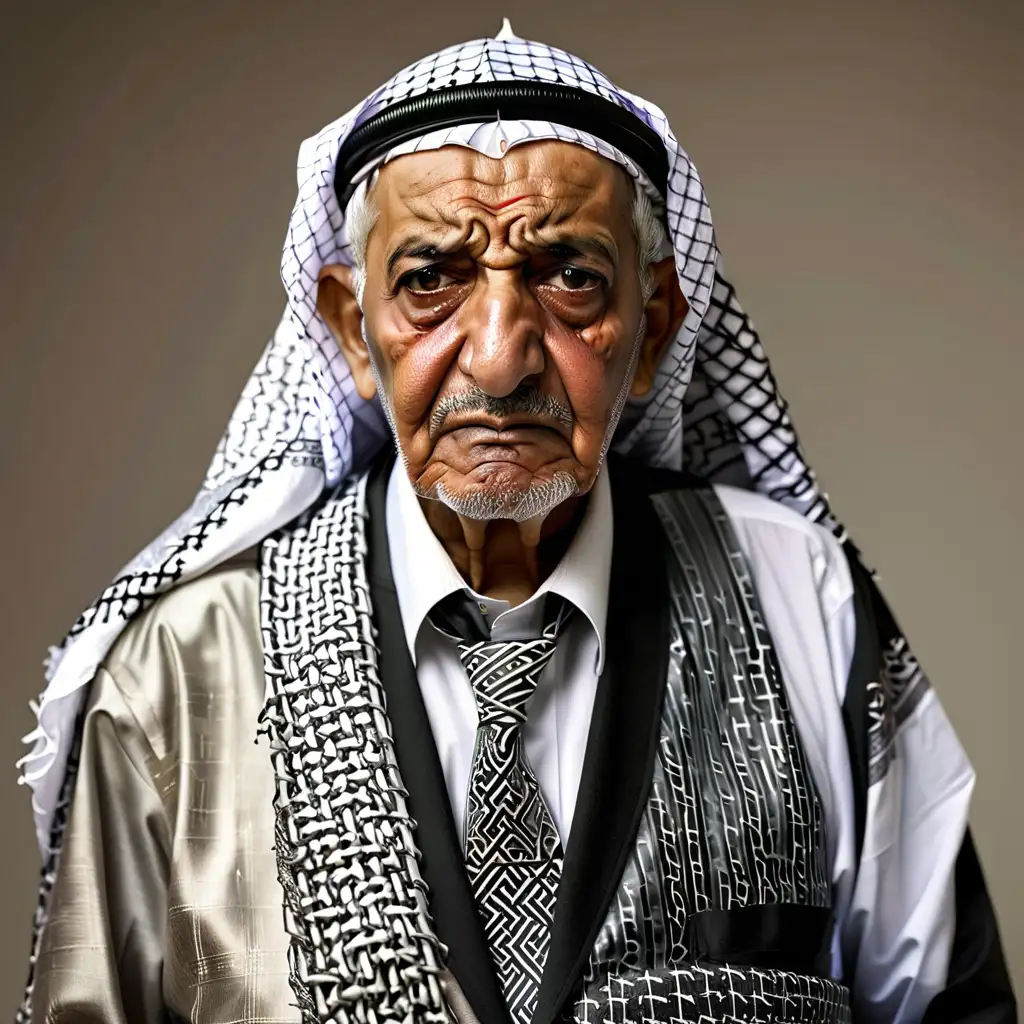 Arab Grandfather in Traditional Kufiyeh and Modern Suit Expresses Disappointment