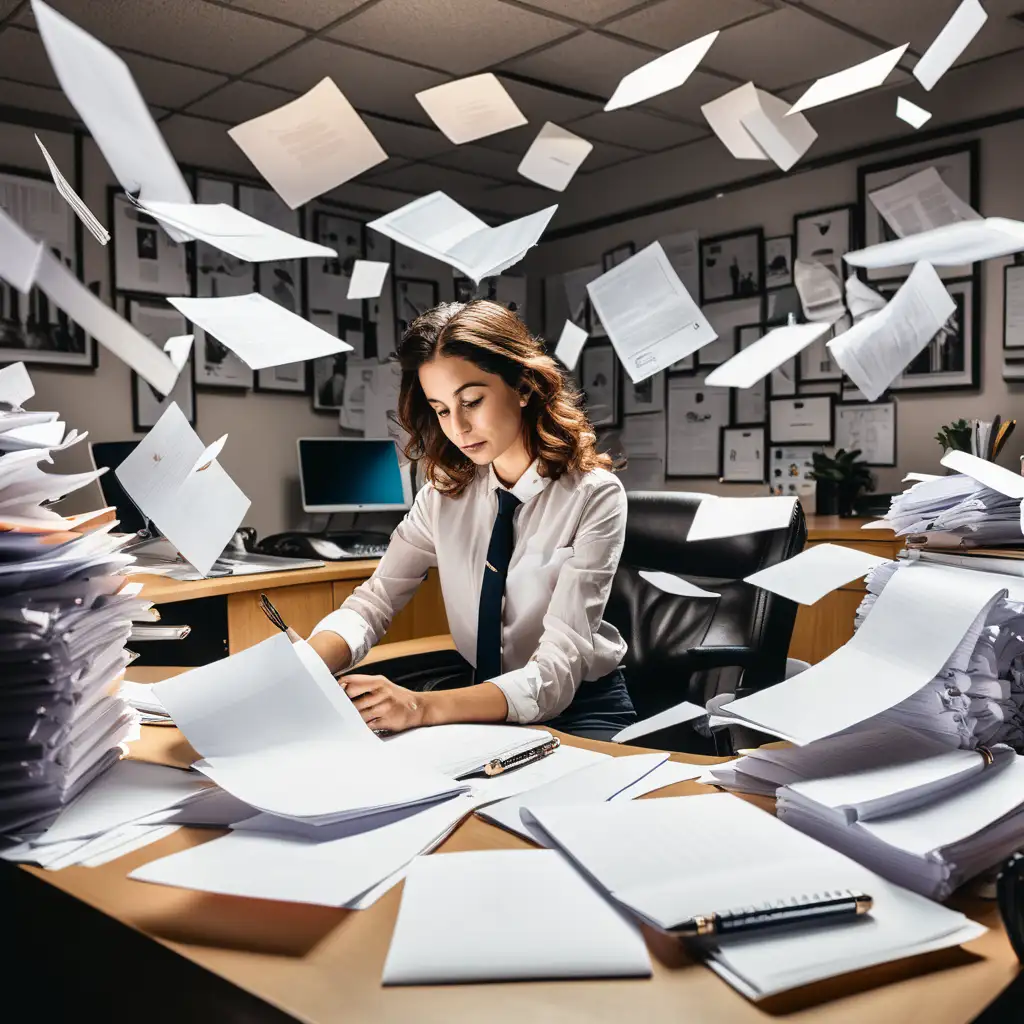 En kvinna som jobbar på kontor , massor av papper, pennor flyger runt 