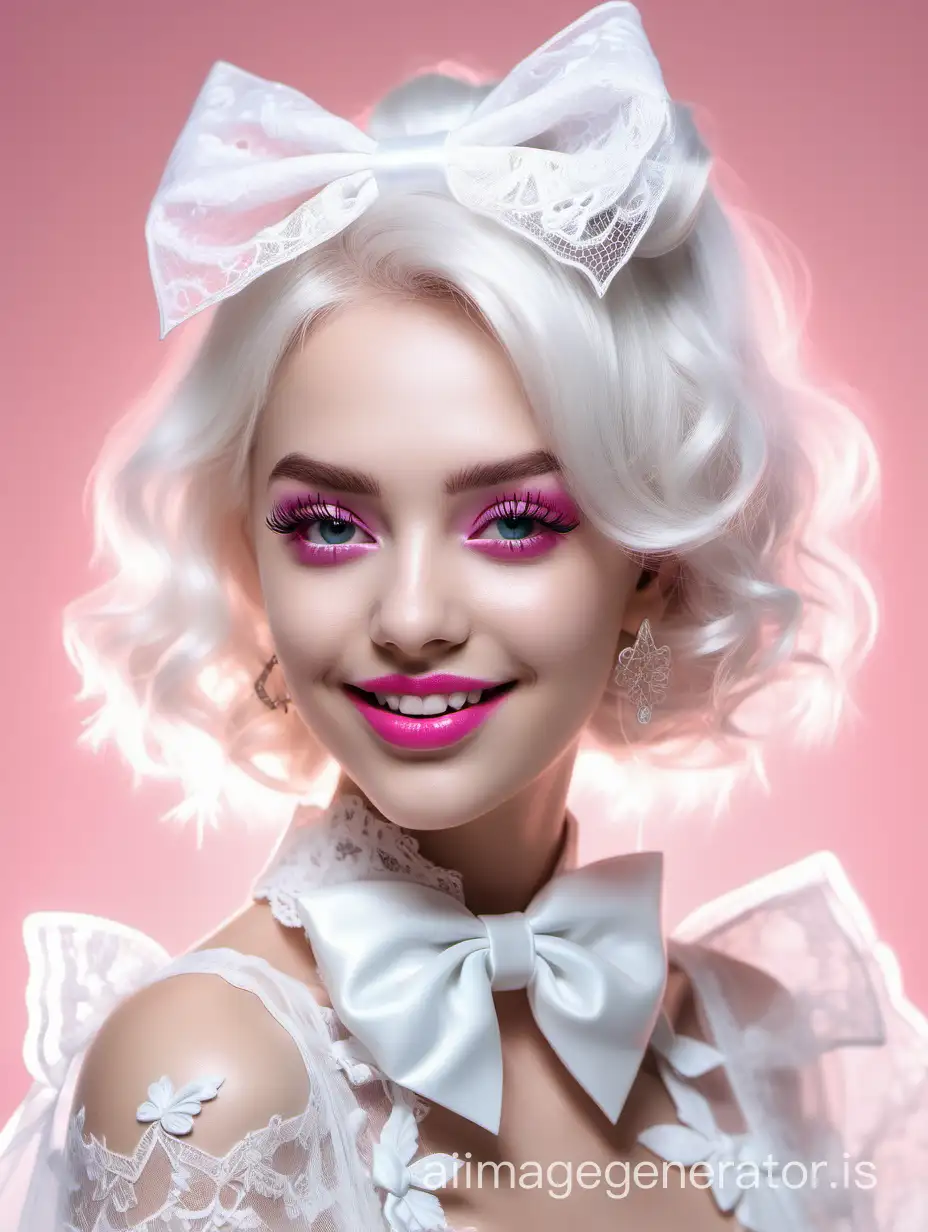 💥 Fashionable girl Yandex Art beautiful face, pink lipstick, white hair, smile shine, eyelashes, bow, lace embroidery, honeycore, beauty aesthetical girl, glam design, party, double exposure