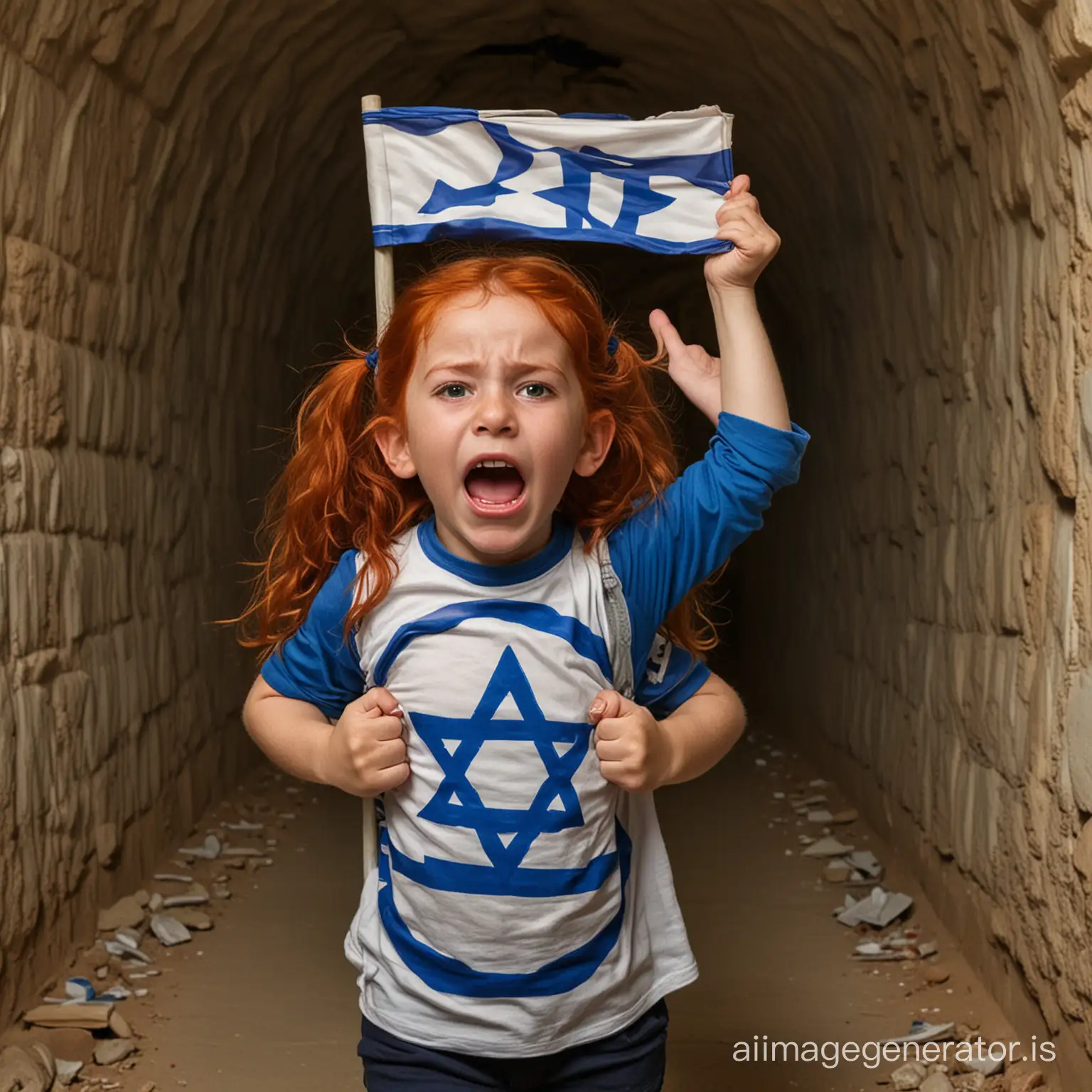 Red hair Israeli child girl crying held hostage inside tunnel with Israeli flag 2 arms real face Star of David 
