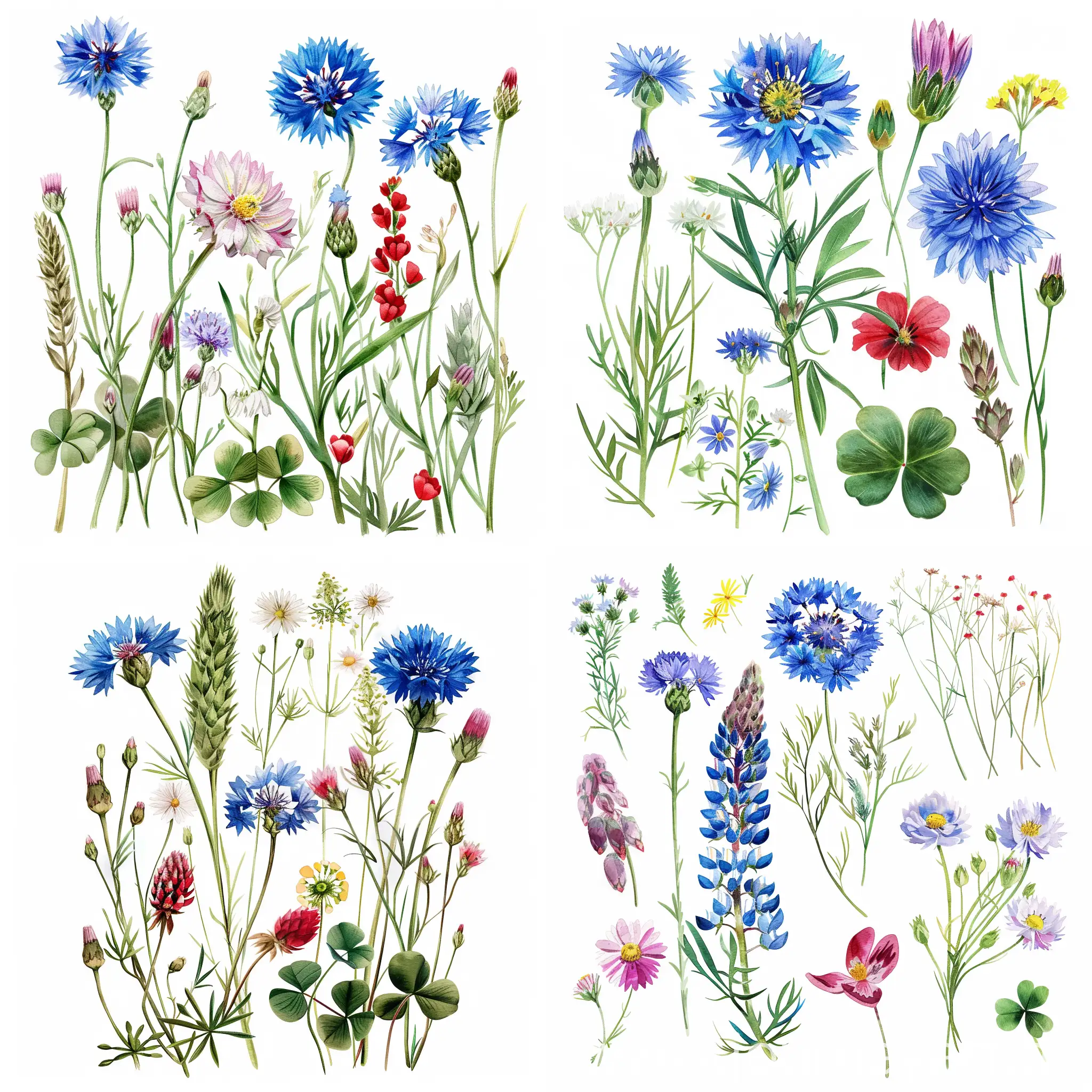 watercolor wildflowers, cornflower, daisy, cow parsley, buttercup, red clover, wood cranesbill, soft handpainting, detailed, on white background