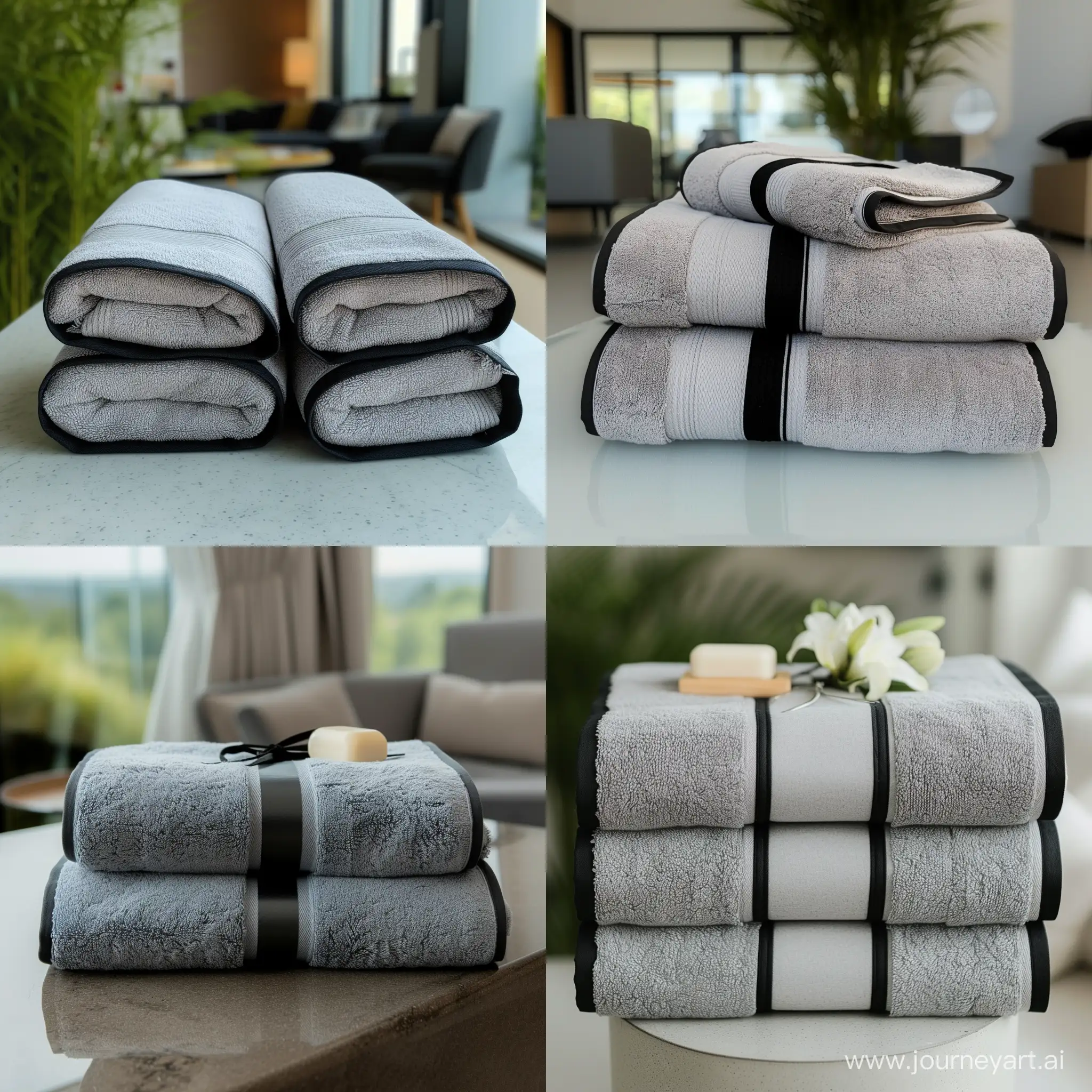 Покажи пару однотонных банных полотенца серого цвета с черными краями по всему периметру в красивой подарочной упаковке в стильной светлой дизайнерской квартире