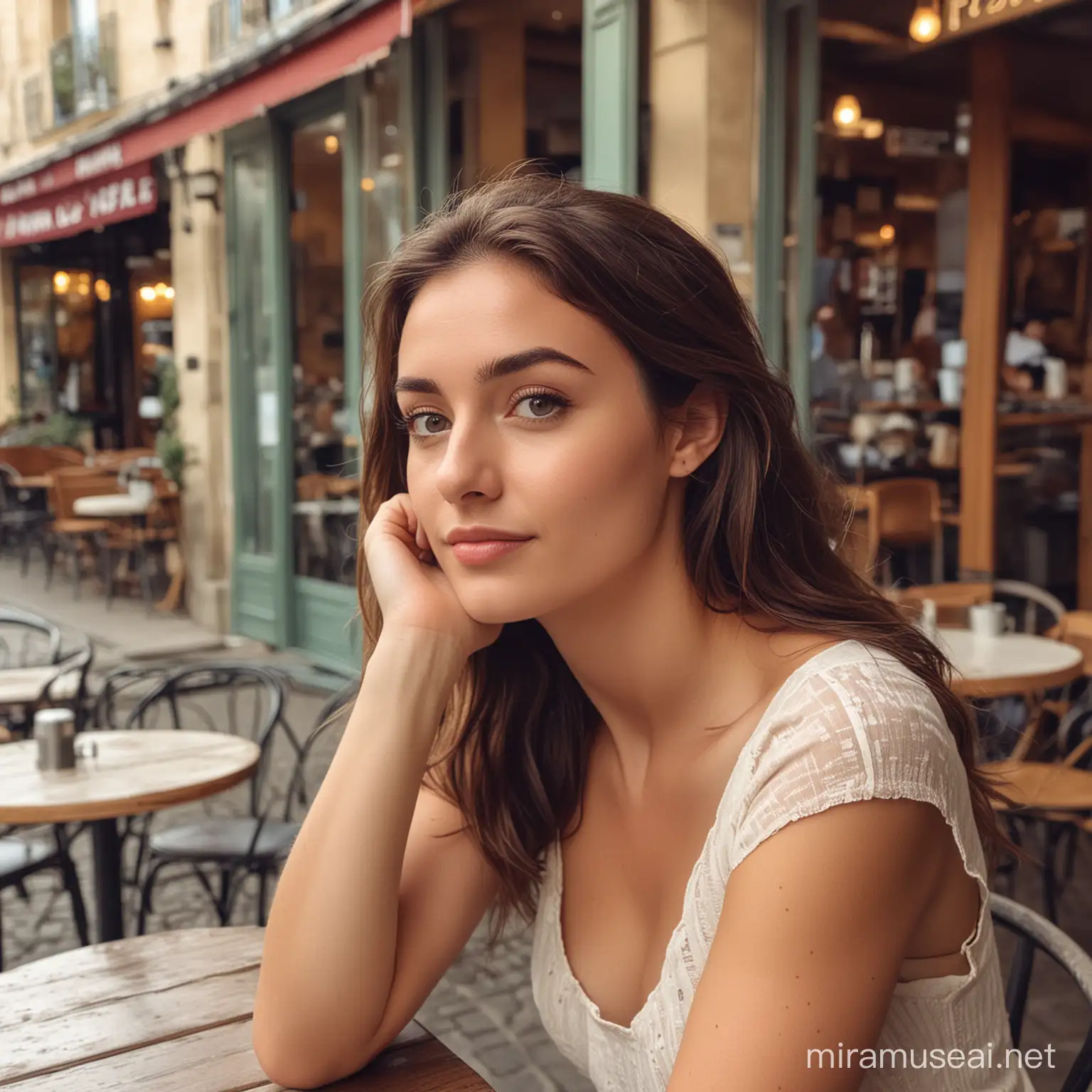 A beautiful woman staring out of a french cafe