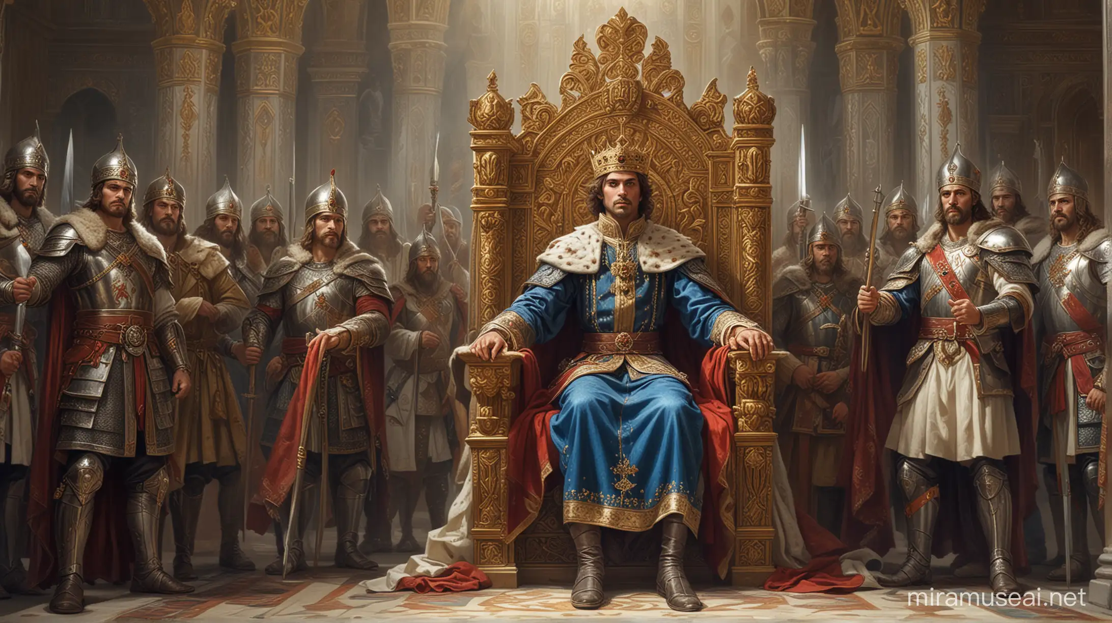 Prince on the throne: Draw a picture of the prince of ancient Russia sitting on a throne in his palace, surrounded by boyars and warriors symbolizing his authority and power.