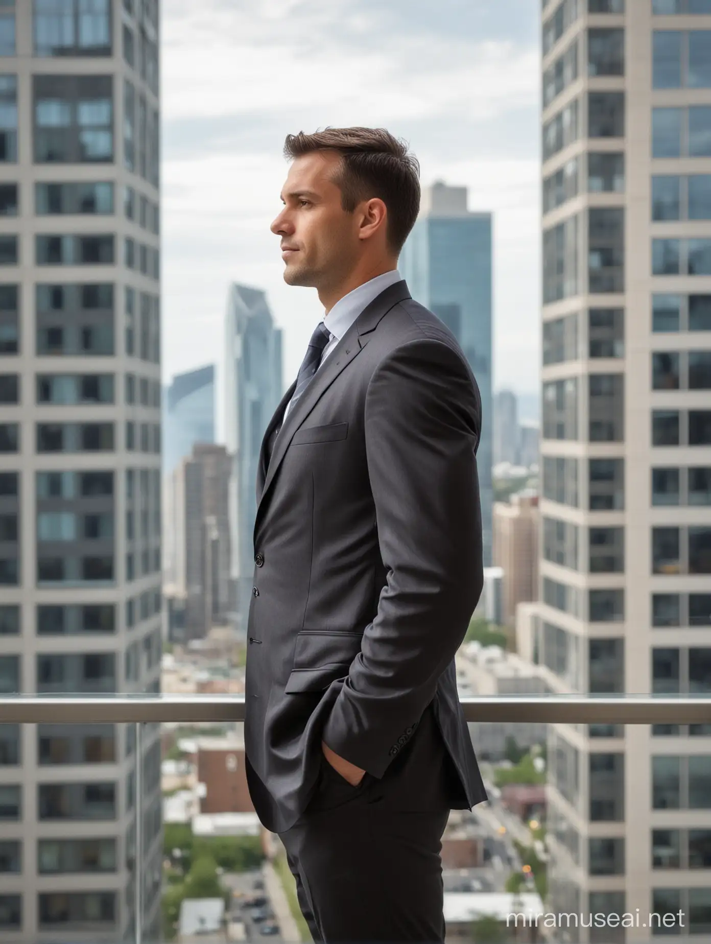 Realtor Standing in Highrise Window with Cityscape View