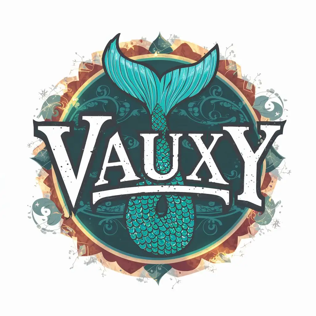 Create logo design featuring the word " Vauxy" as the focal point, mermaid tail. Bold typography, ETHEREAL folk music, old colors.