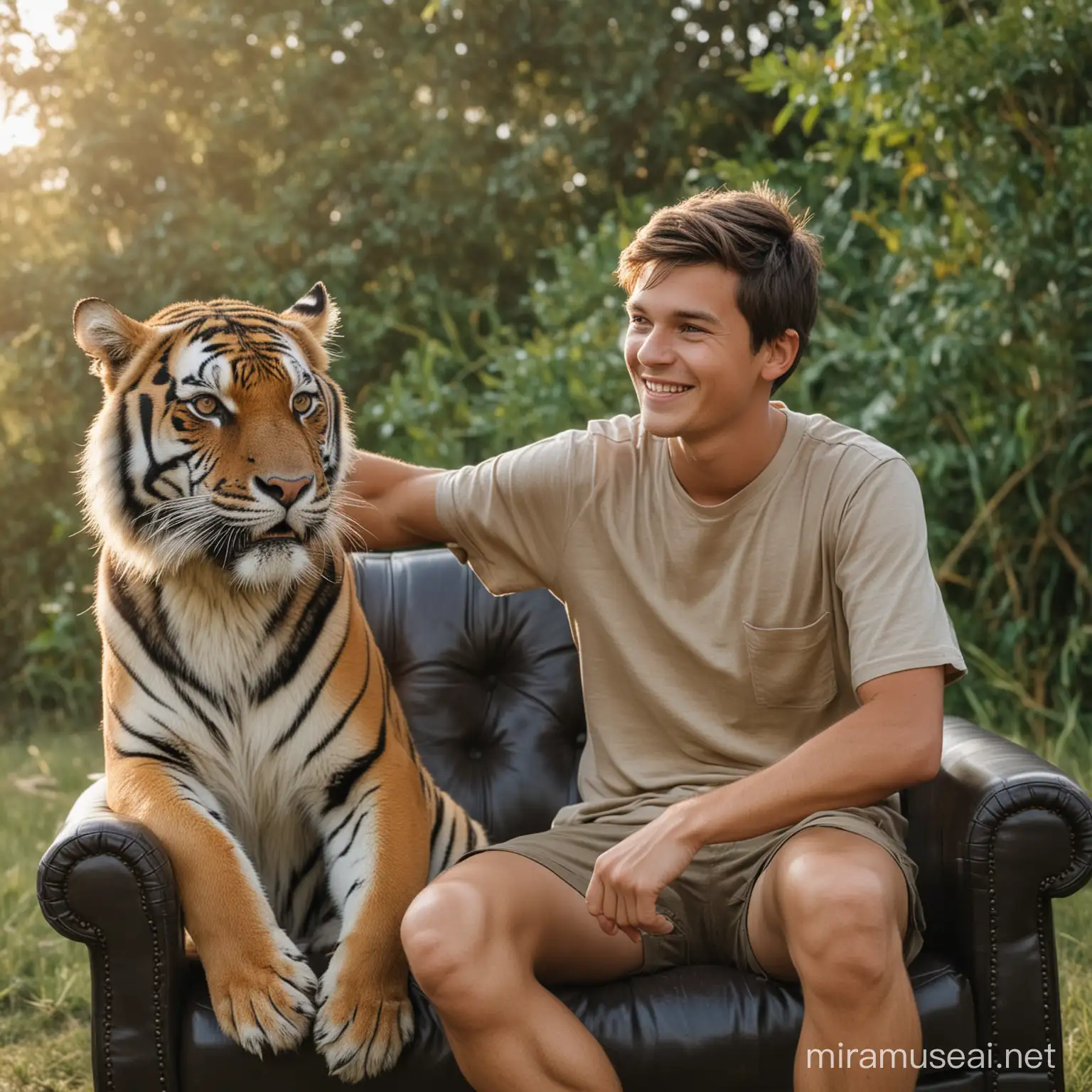 Smiling Young Man with Tiger Heartwarming 85mm Photography