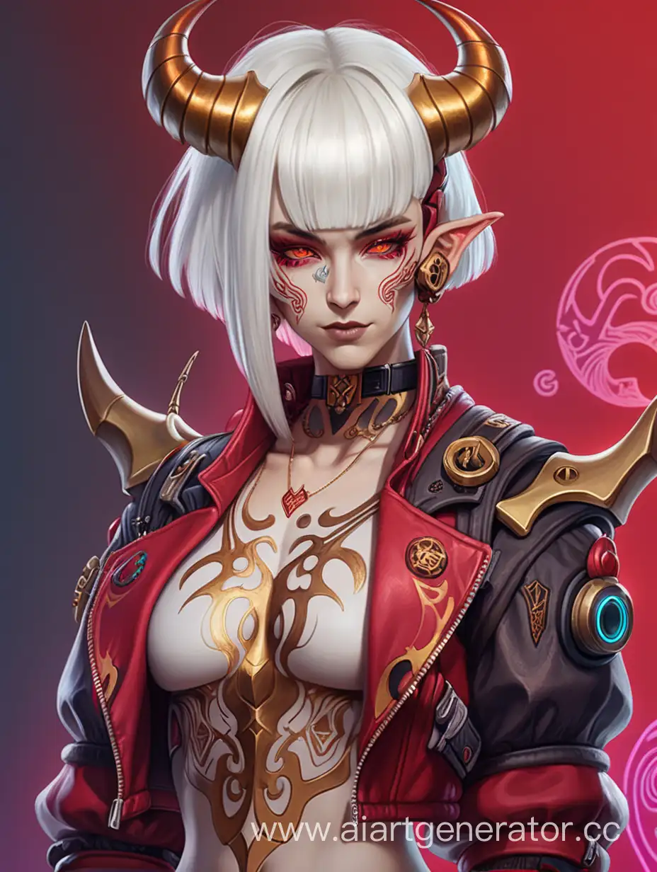 Demon, short white hair with bangs, cyberpunk red and golden bard outfit, tattoo, horns, female character 