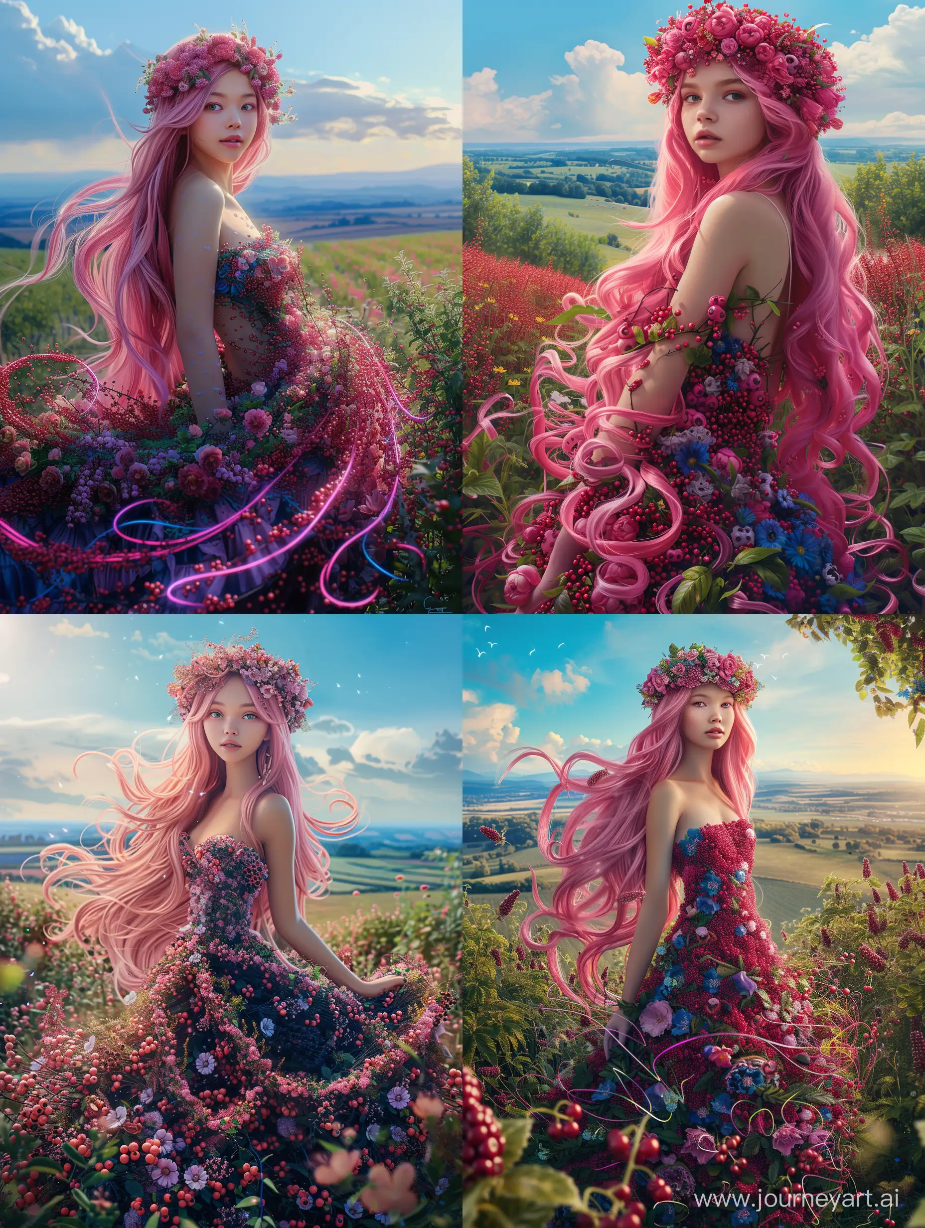 Enchanting-Summer-Queen-with-Pink-Hair-in-a-Garden-of-Berries-and-Flowers