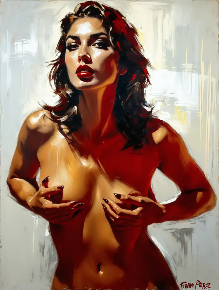 a sexy , (naked:1.2) woman , looking at viewer , cooper hair , painting by (Fabian Perez:1.3) ,  light leaks , night scene ,  painting style expressionism , jagged lines

 