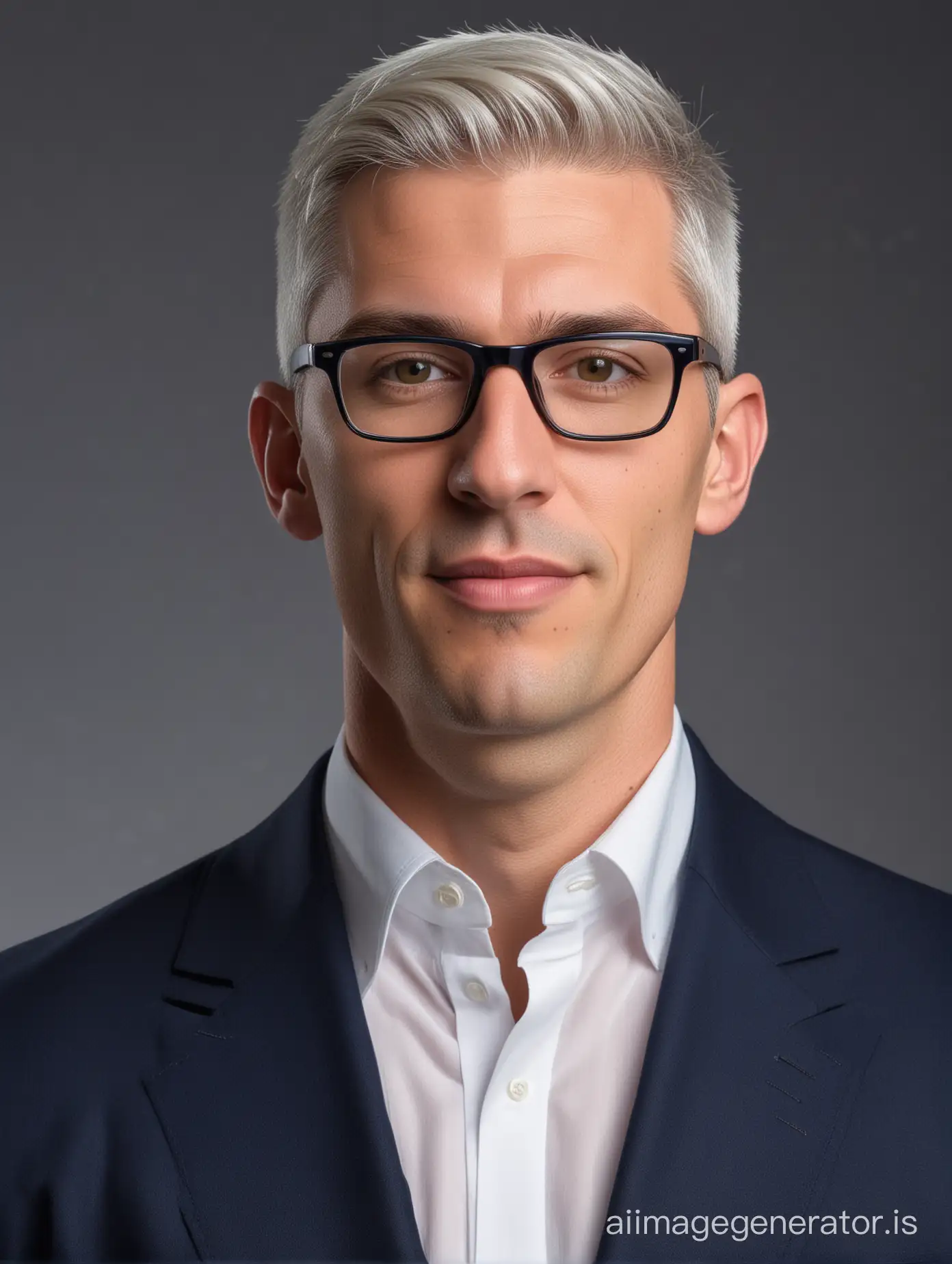 Professional portrait photo of a tall man, 35 years old, athletic, square face, wide jaw, thick neck, with navy blue blazer, white shirt, no tie, open collar, wearing glasses, shaved gray hair