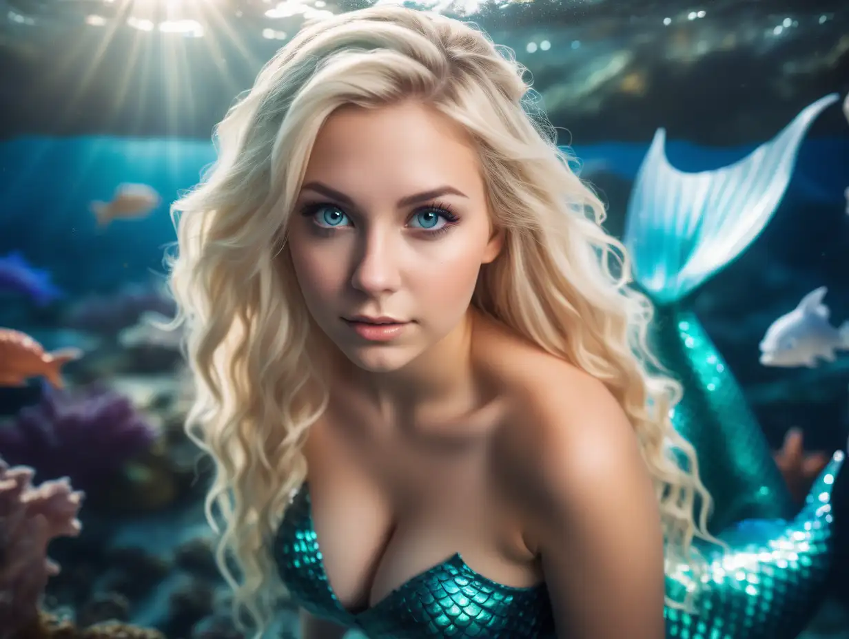 Beautiful Nordic woman, very attractive face, detailed eyes, big breasts, dark eye shadow, messy blonde hair, wearing an mermaid cosplay outfit, bokeh background, soft light on face, rim lighting, facing away from camera, looking back over her shoulder, swimming under water with mermaid tail in background, sea creatures in the background, photorealistic, very high detail, extra wide photo, full body photo, aerial photo