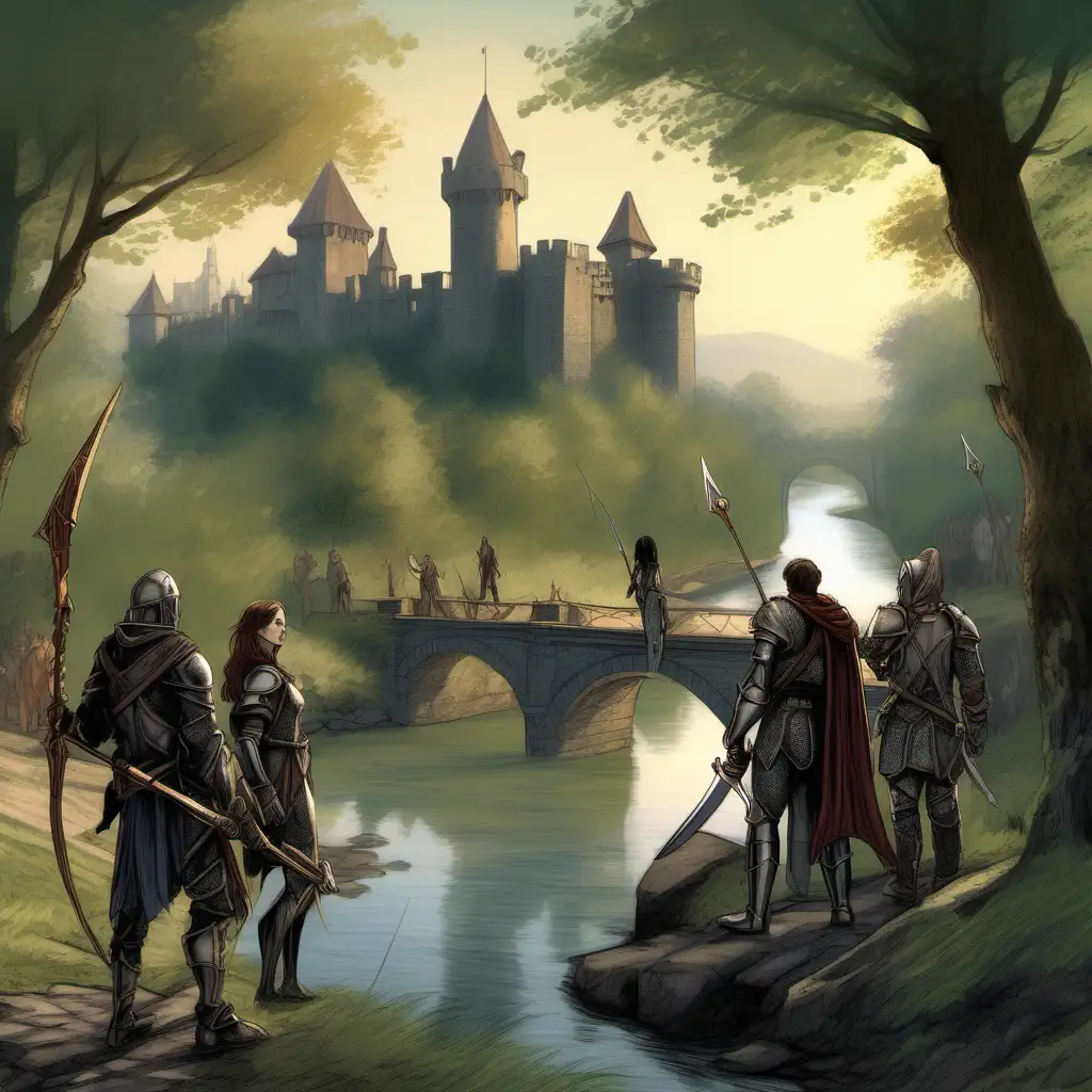 A four-person adventuring party stands at the edge of the forest. Two of them wear plate armour and have melee weapons, one with a greatsword and another with a mace and a shield. A third party member is a female with elven ears and long dark hair, carries a longbow in her right arm, a quiver of arrows on her back and wears leather armour. The fourth party member carries a staff in his hands and is dressed in a robe. The camera shows them from behind. In front of them there is a large clearing that goes to a river. On the opposite river bank stands a large mediaeval stronghold, with tall walls and guard towers that encircle a large area, as far as can be seen. There is a small wooden suspension bridge crossing the river that ends directly at the castle gates. The scene is set in the early hours of the morning, under a clear sky. The style of the image is impressionist oil painting, with a mixture of medium-wide brush strokes and finer detailing on adventurers’ weapons and gear.