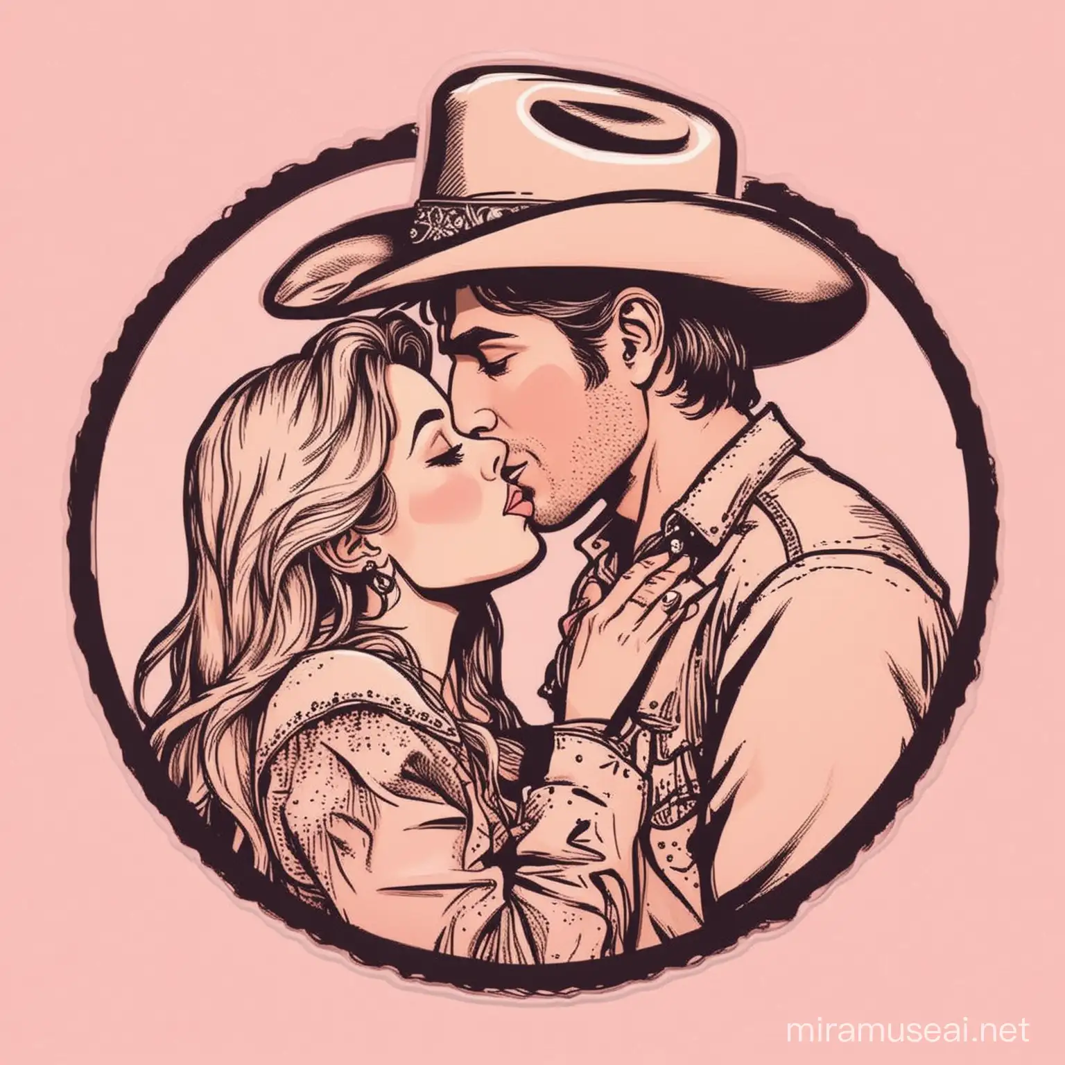 A higher quality vector illustration sticker of cowboy Romance couple kissing, black outline border, light pink background 