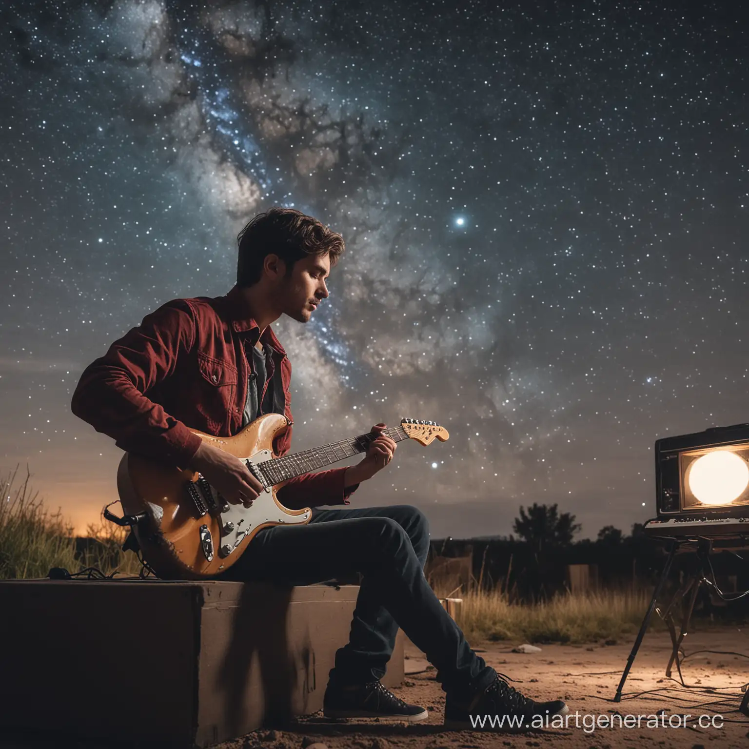 Парень сидит в музыкальной студии и играет на электро гитаре, а за окном - ночное звёздное небо
