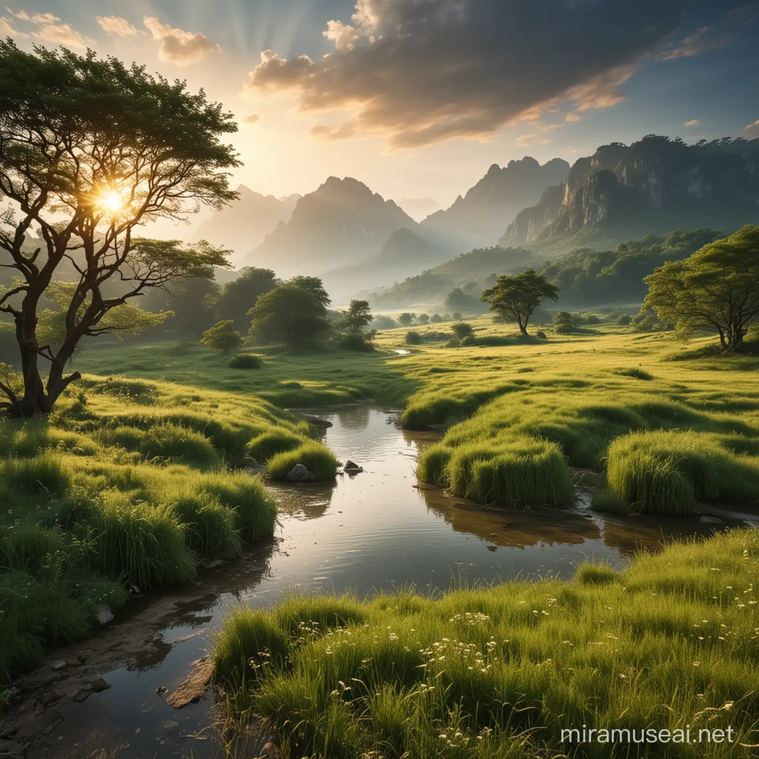 Idyllic Natural Landscape with Rolling Hills and Tranquil River