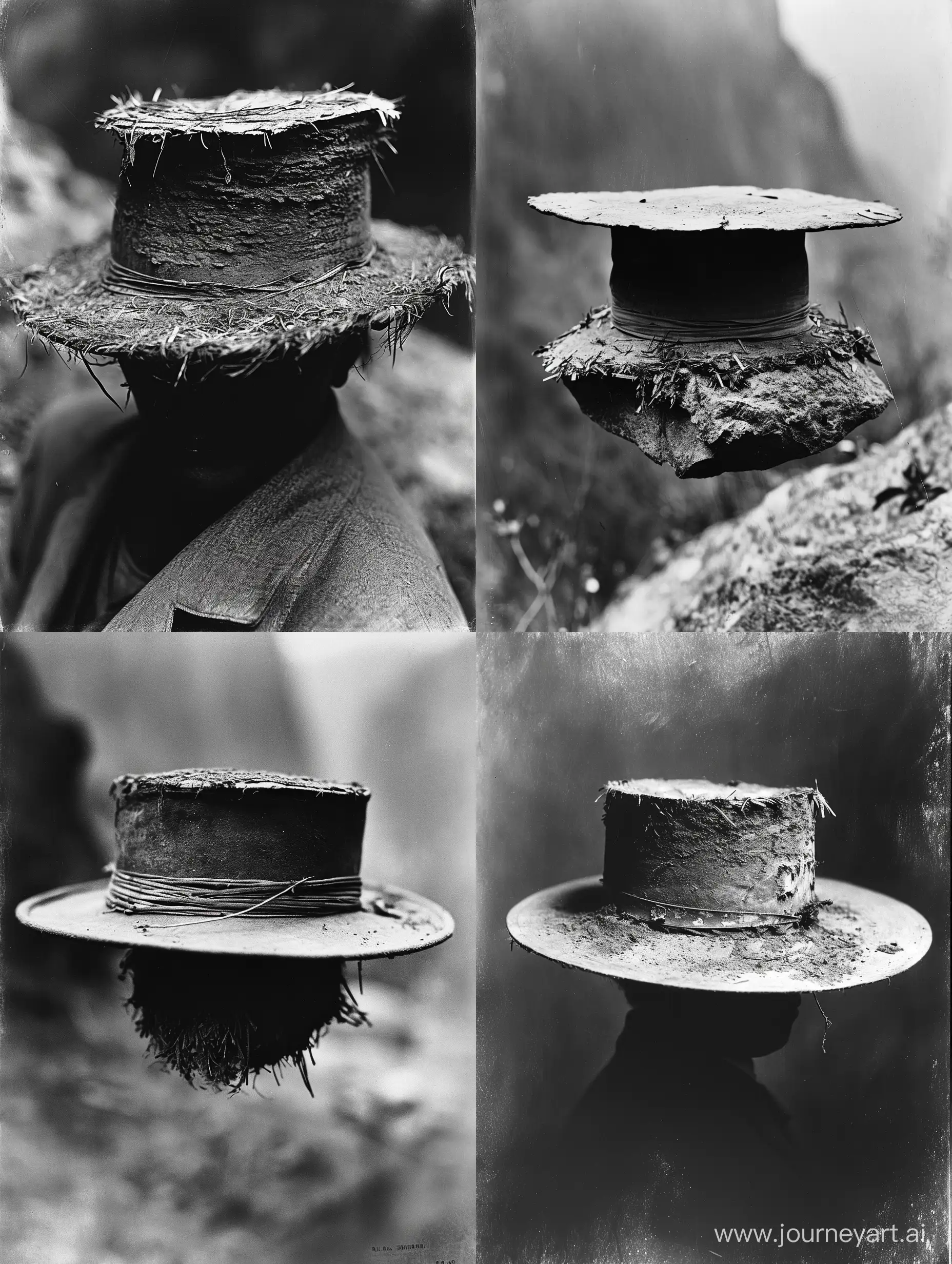 Historical black and white photographs depicting a worn-out hat of a Chinese immigrant worker at Yosemite in the late 1800s.