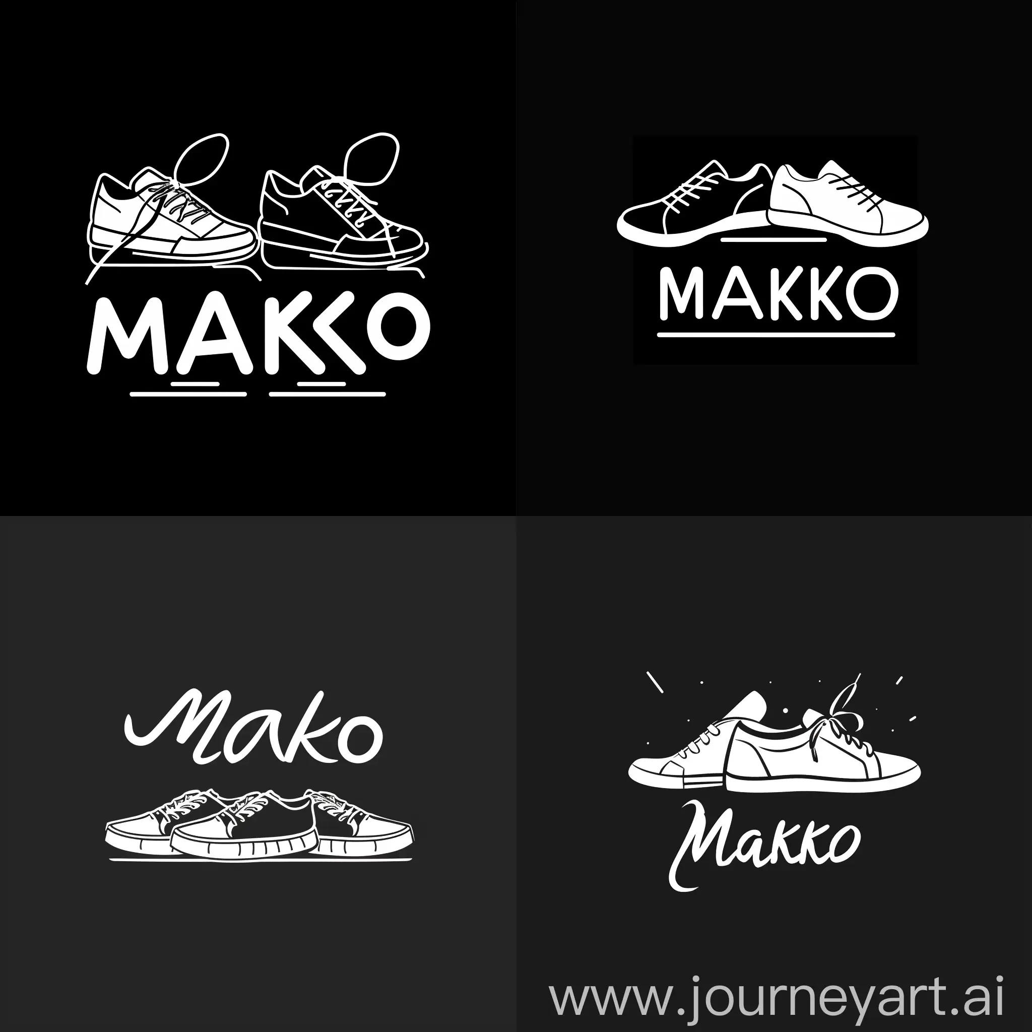 черно-белый логотип магазина женской обуви "Makko", изображены плоские кеды и туфли, минимализм, изящный, детализированный, UHD
