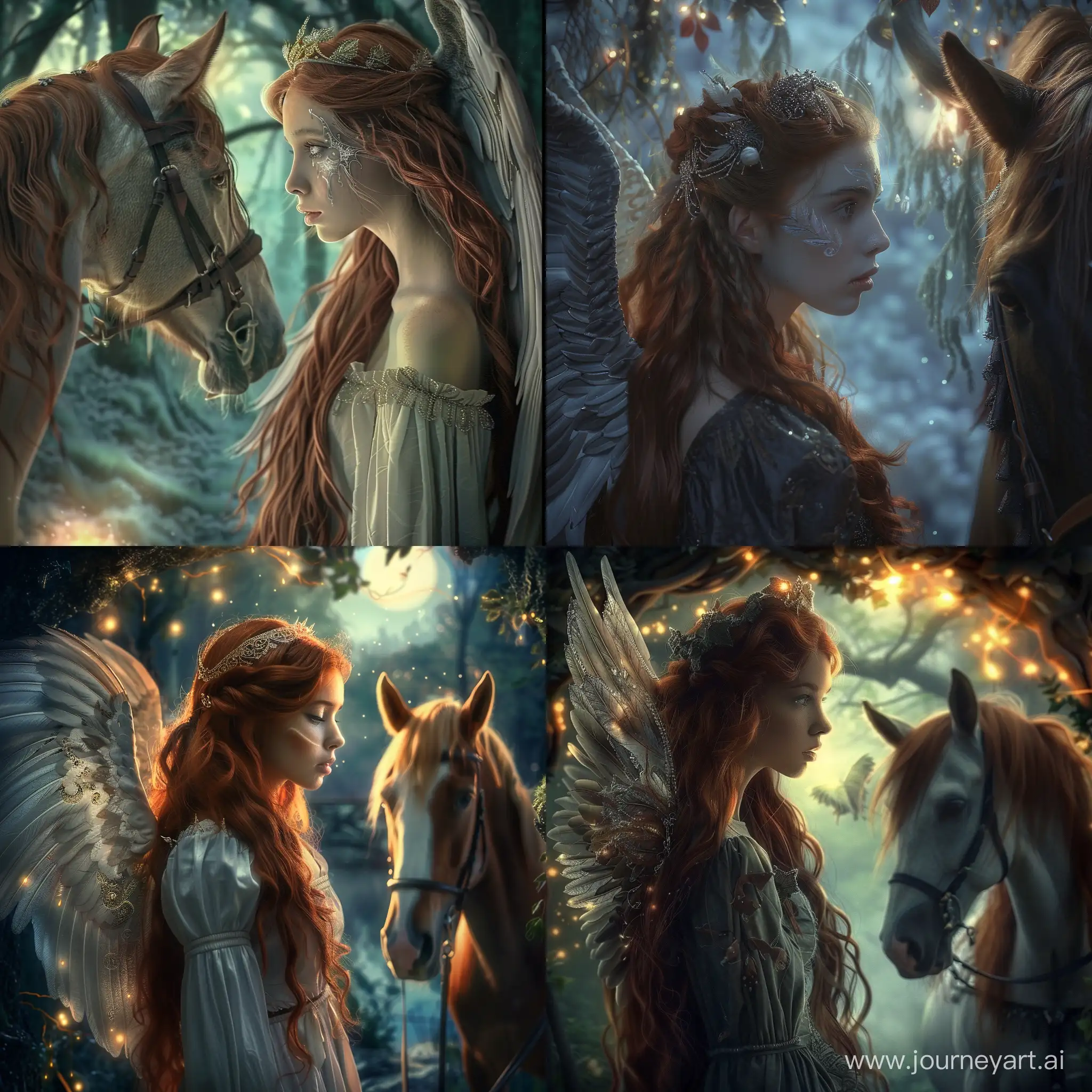 A beautiful  medieval woman with angel wings and delicate facial features and  long flowing red hair looking at her horse companion. Background of a magical forest lit up by the moonlight. Beautiful magical fantasy otherworldly mysterious etheral highly detailed. Photographic 