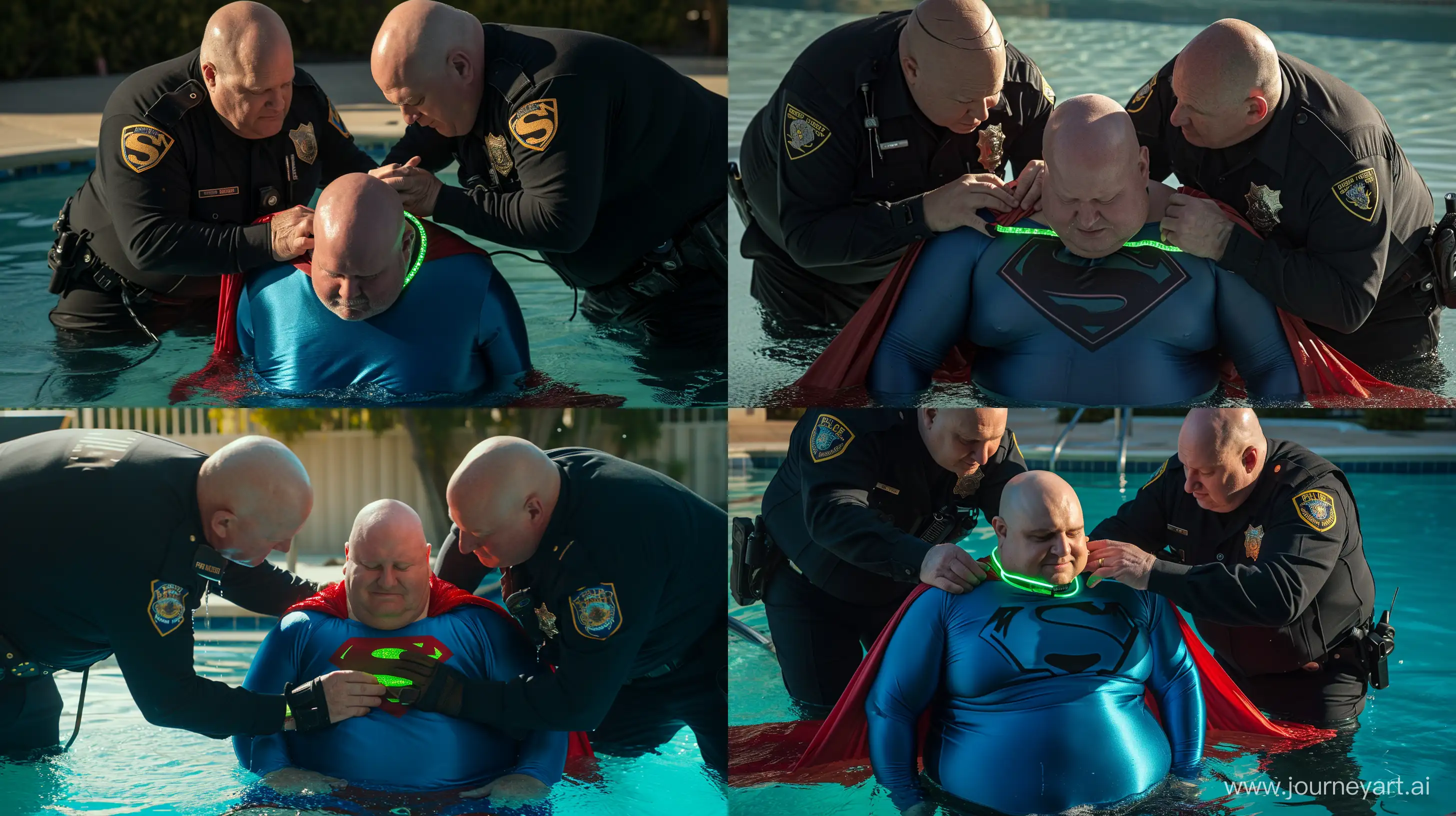 A closeup photo of two chubby man aged 60 wearing a long-sleeved black police uniform, bending behind and tightening a green glowing small short dog collar on the nape of another chubby man aged 60 sitting in the water and wearing a tight blue silky superman costume with a large red cape. Swimming Pool. Natural Light. Bald. Clean Shaven. --style raw --ar 16:9 --v 6