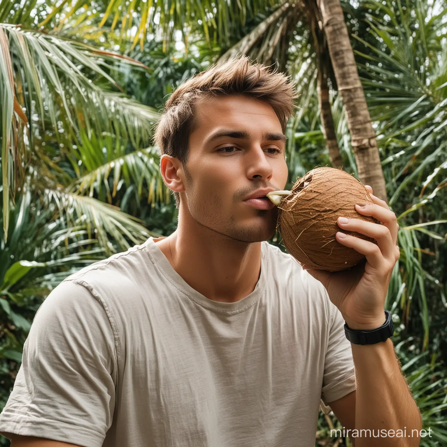 A millennial man, he has brown hair, he is in the jungle, he drinks from a coconut, he is stress-free